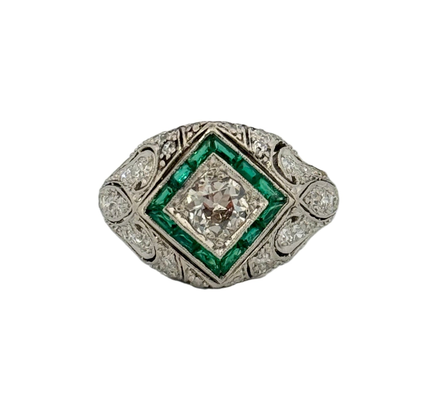 Art Deco Platinum Diamond and Synthetic Emerald Filigree Ring