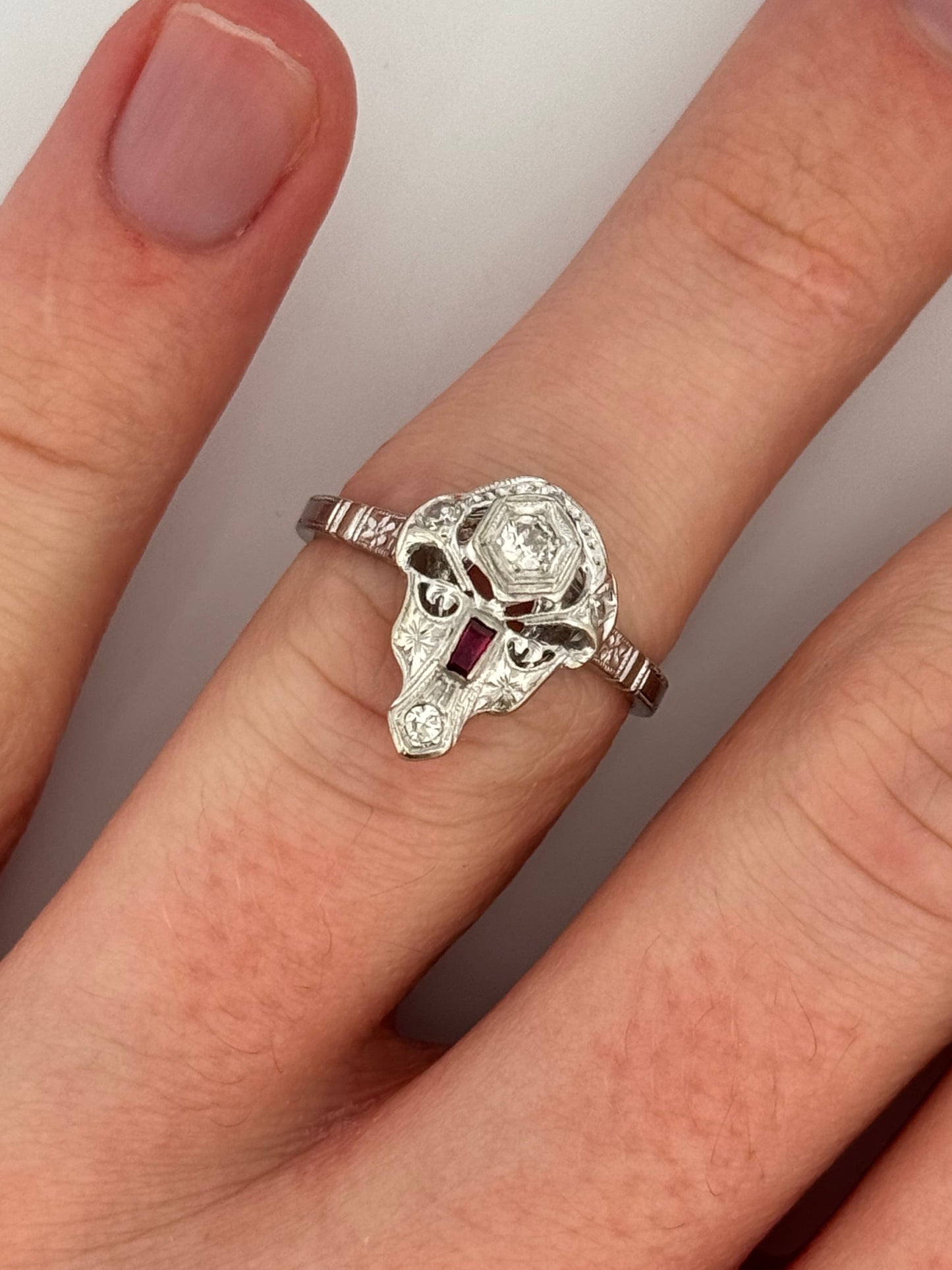Antique Art Deco Skull Diamond Platinum/ 14kt topped Ring Synthetic Ruby