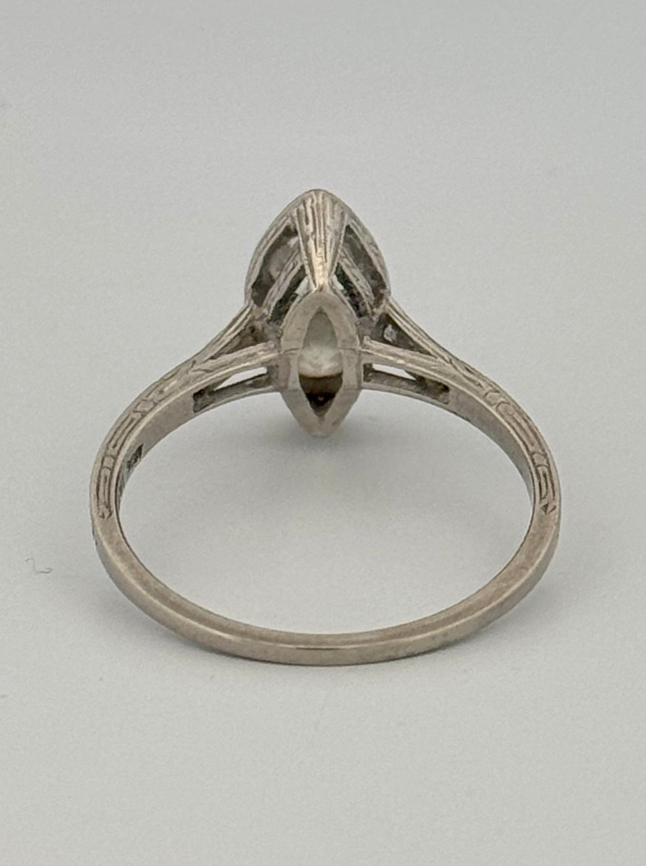 Antique Art Deco Navette Platinum Diamond Filigree Hand Engraved Ring