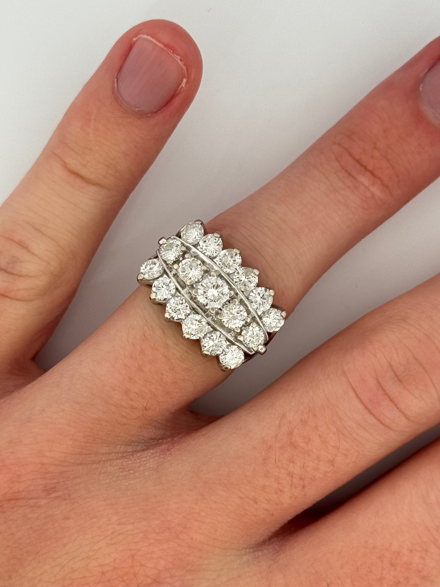 Vintage Retro 14kt white gold Diamond 3 row band