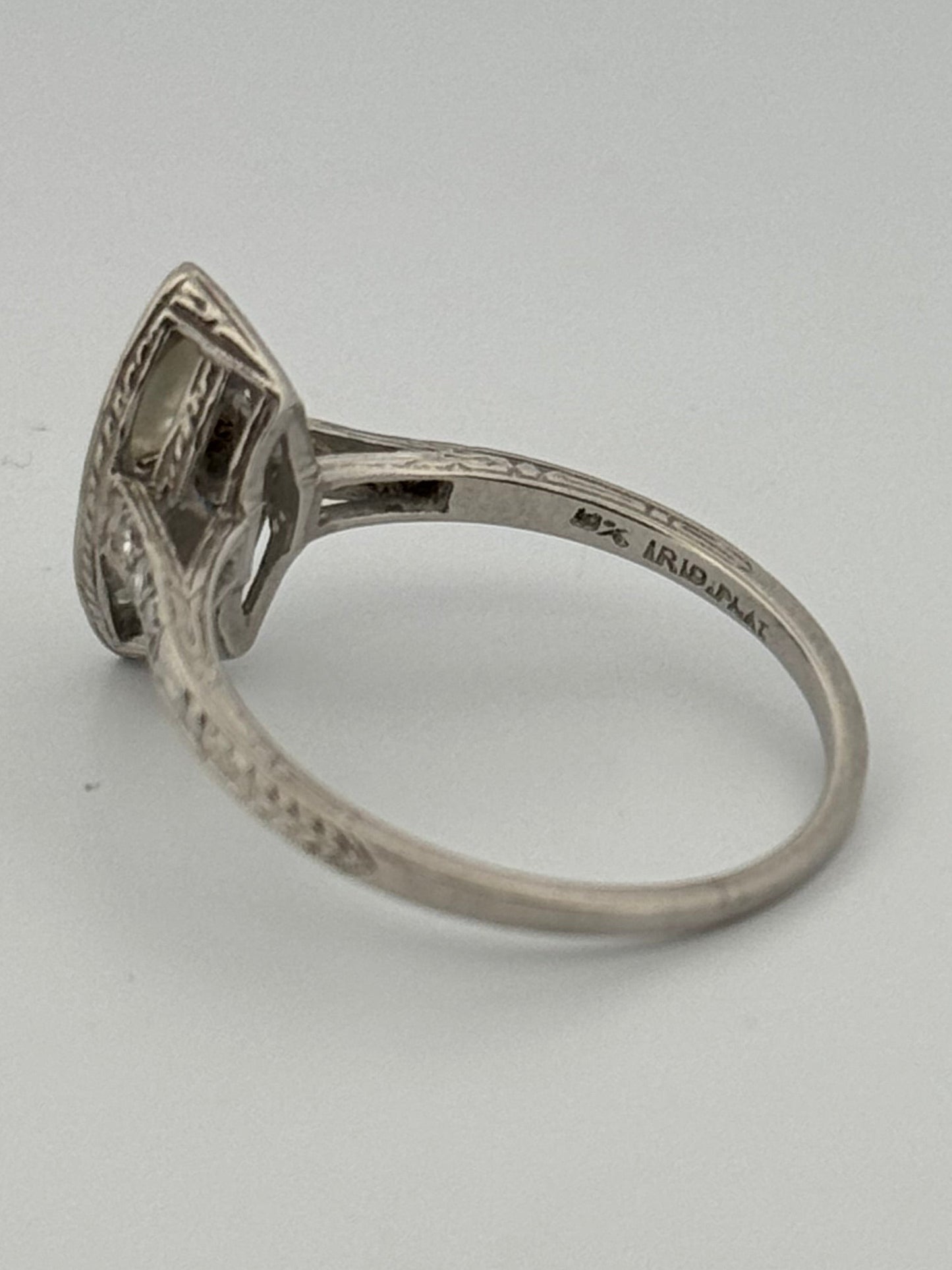 Antique Art Deco Navette Platinum Diamond Filigree Hand Engraved Ring