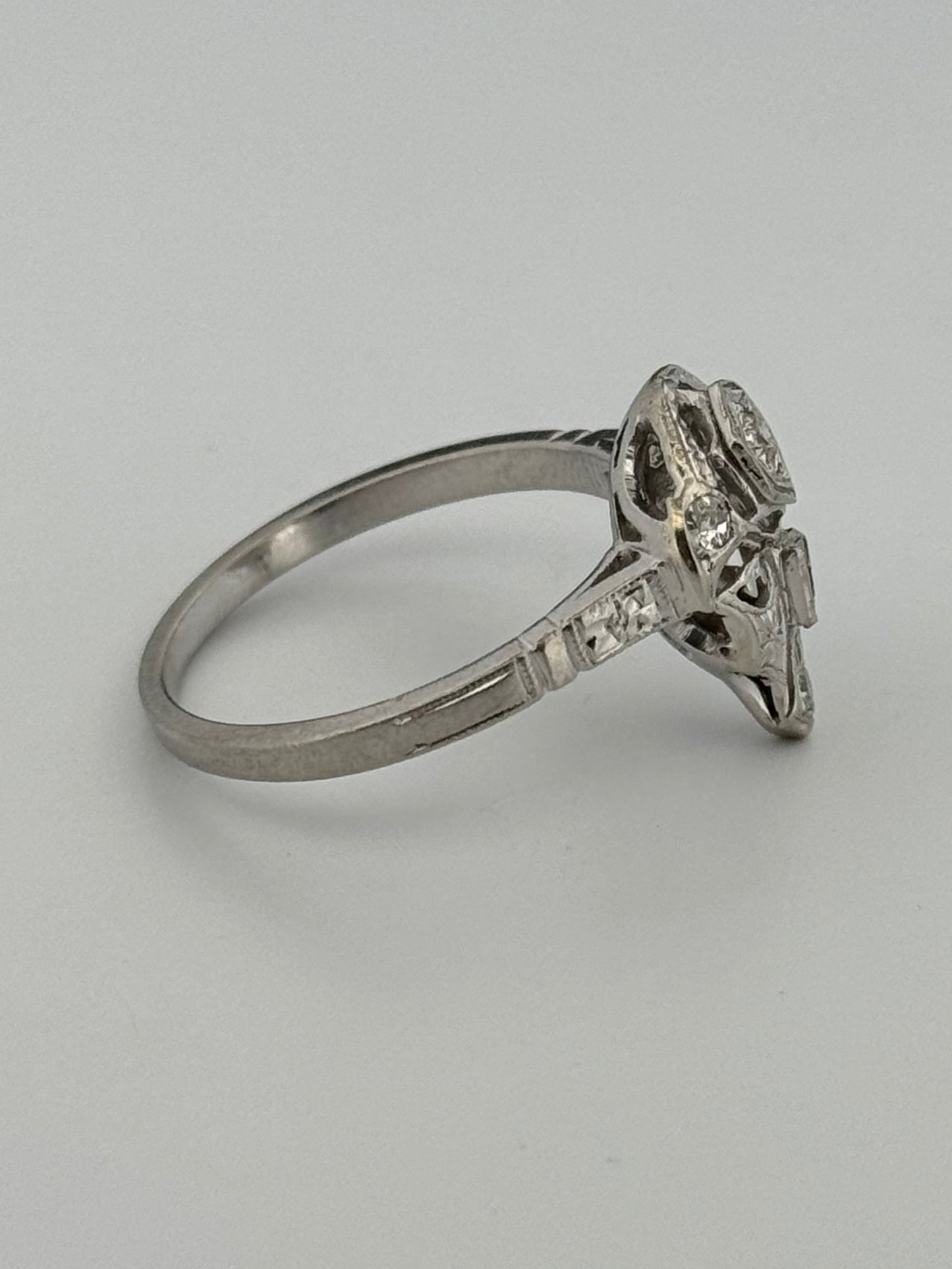 Antique Art Deco Skull Diamond Platinum/ 14kt topped Ring Synthetic Ruby