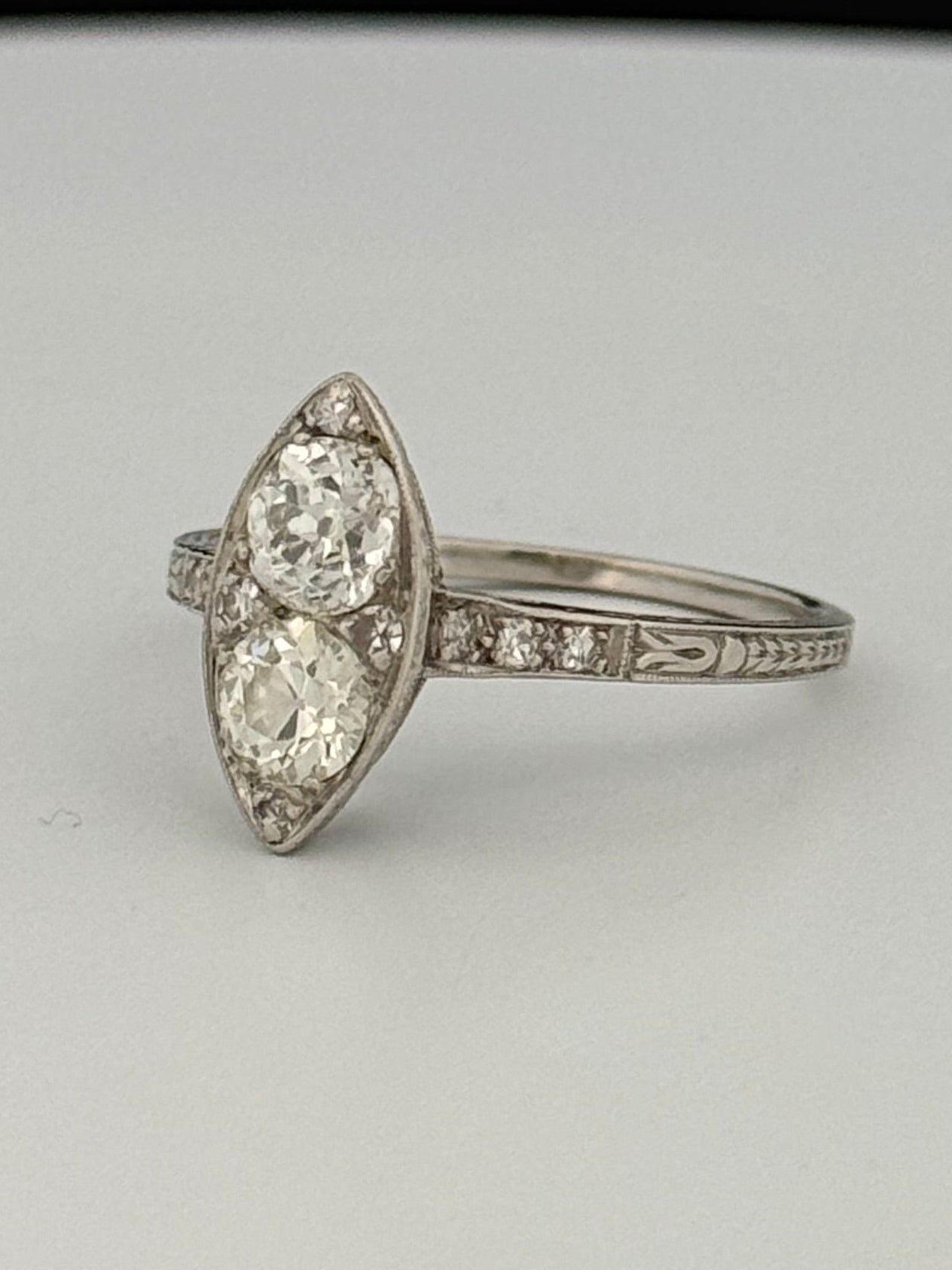 Antique Art Deco Navette Platinum Diamond Filigree Hand Engraved Ring