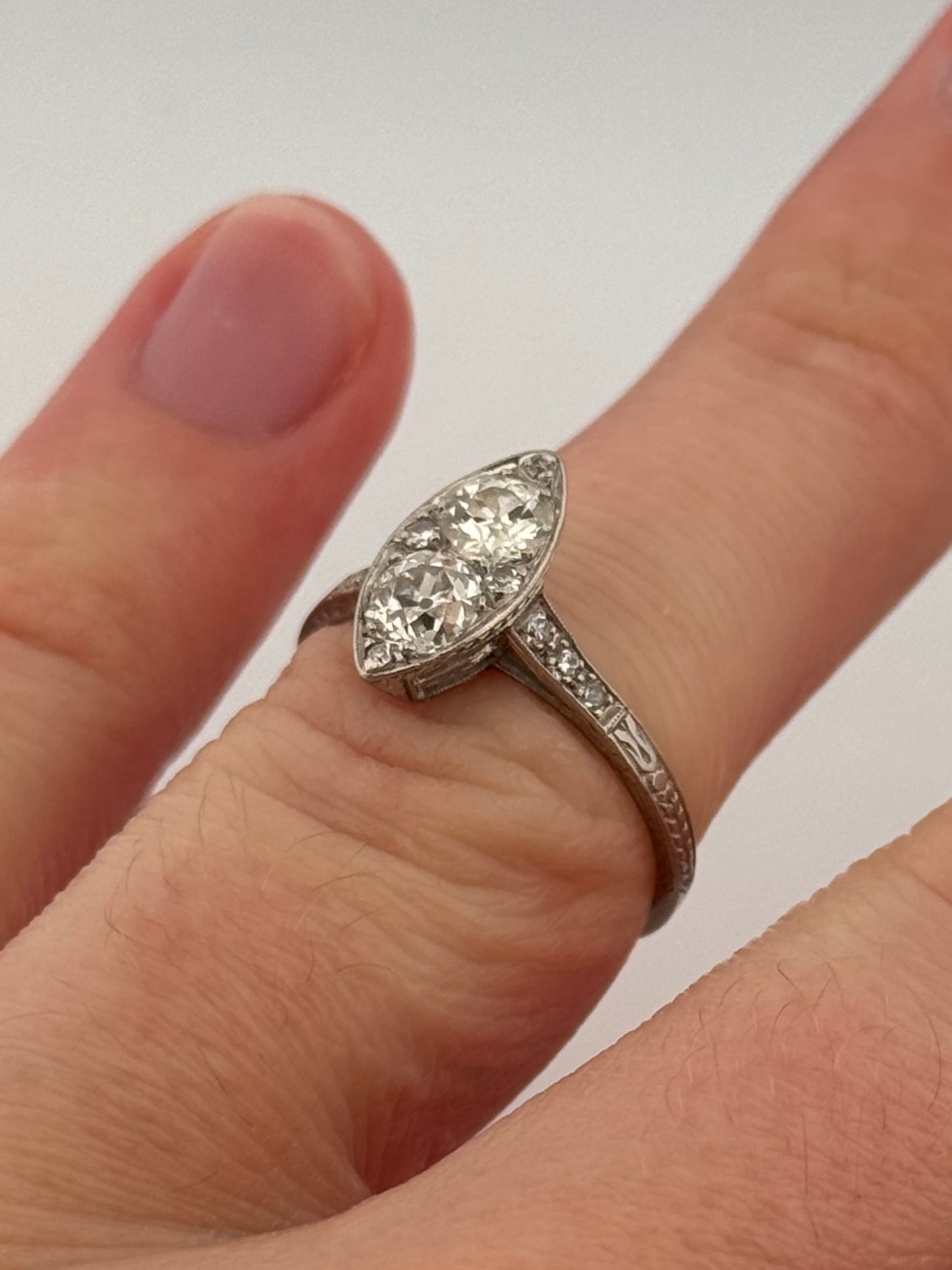 Antique Art Deco Navette Platinum Diamond Filigree Hand Engraved Ring