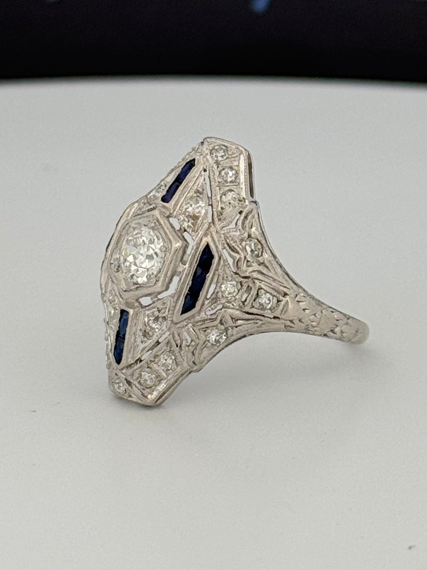 Antique Art Deco Platinum Wendell & Co. Filigree Diamond Synthetic Sapphire Ring