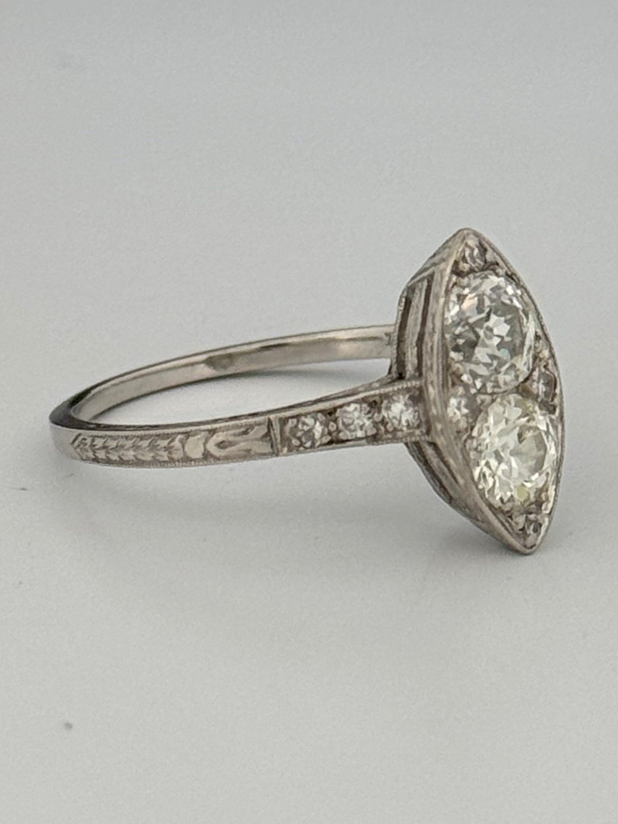 Antique Art Deco Navette Platinum Diamond Filigree Hand Engraved Ring