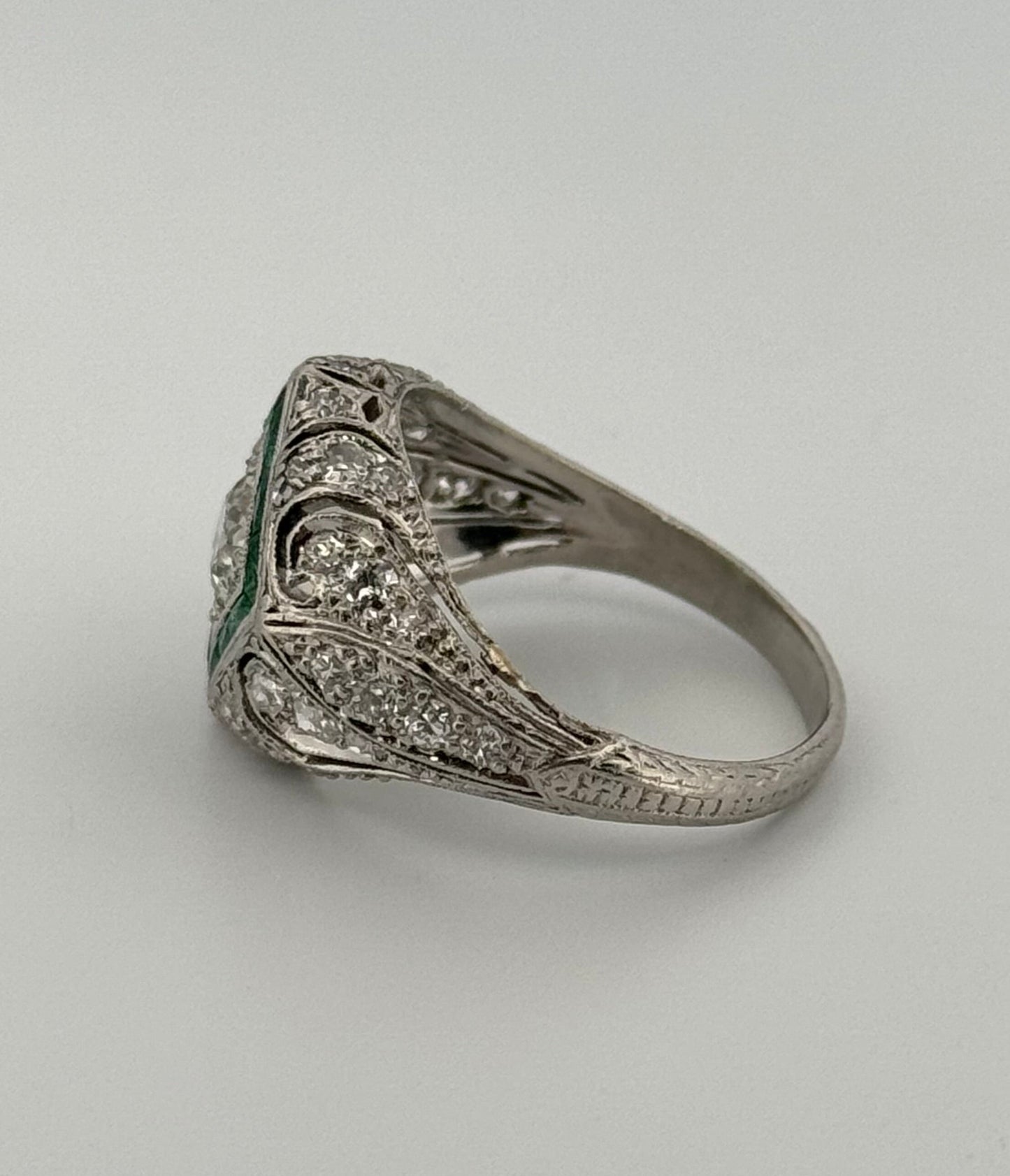 Art Deco Platinum Diamond and Synthetic Emerald Filigree Ring