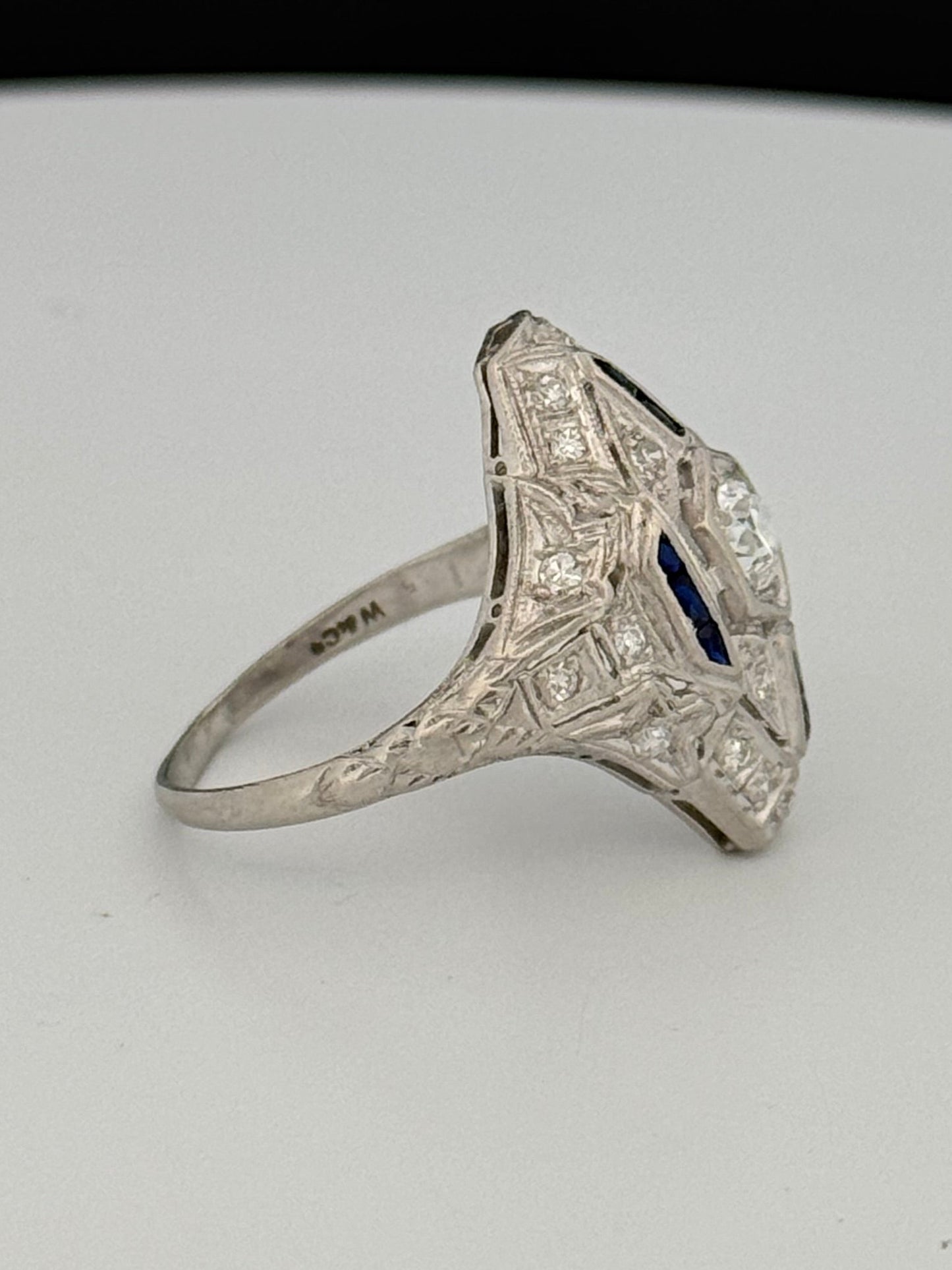 Antique Art Deco Platinum Wendell & Co. Filigree Diamond Synthetic Sapphire Ring