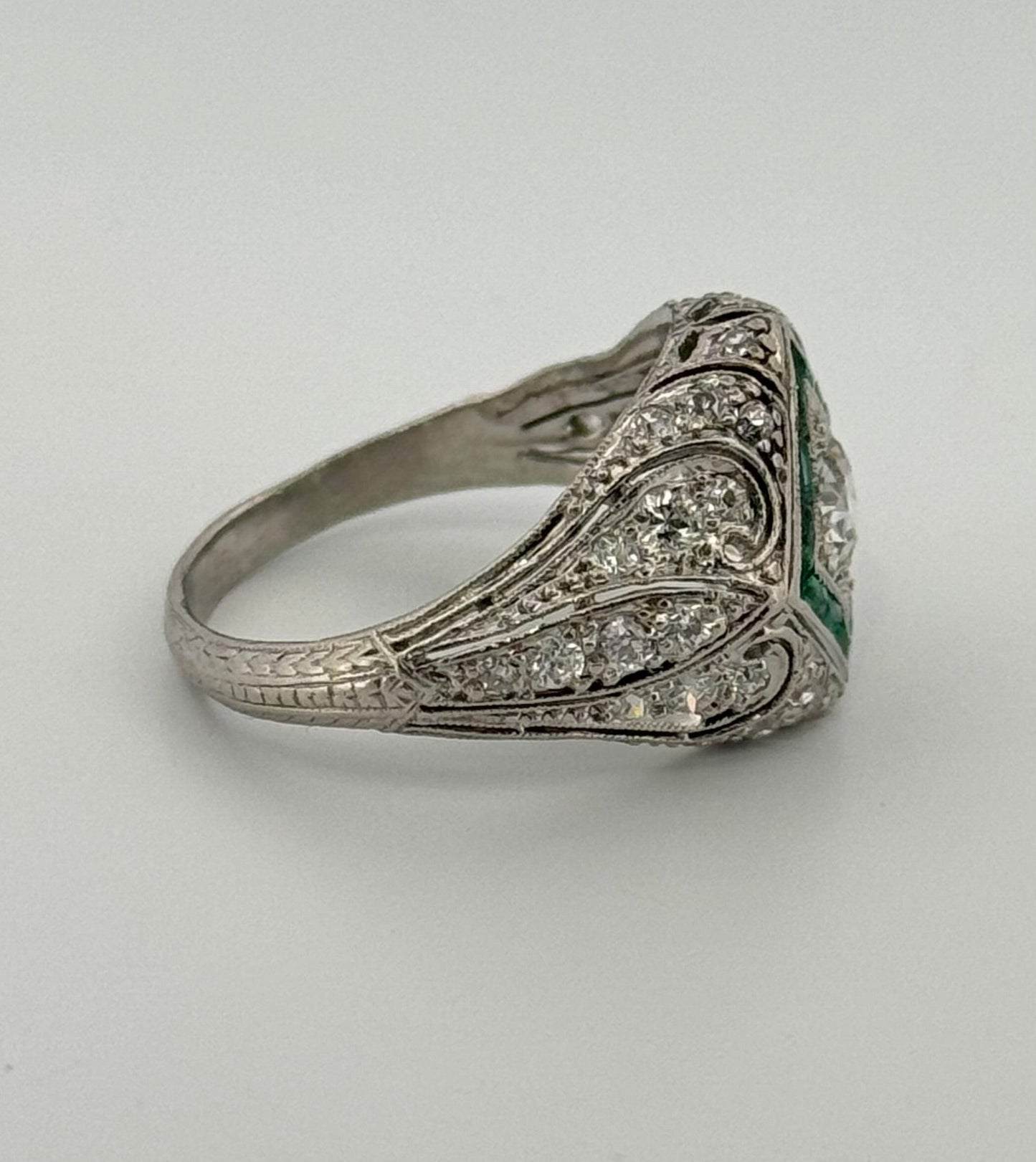 Art Deco Platinum Diamond and Synthetic Emerald Filigree Ring