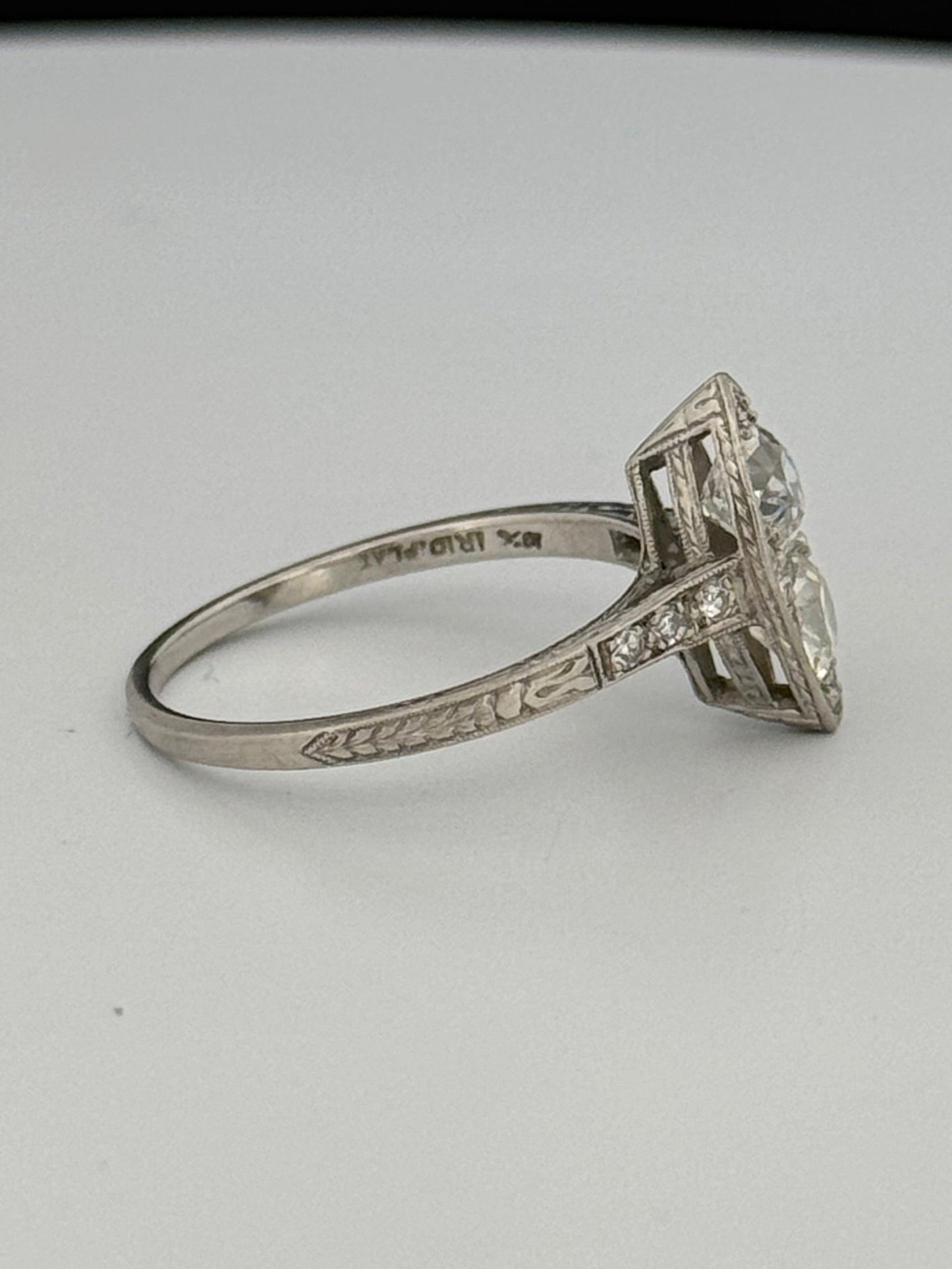 Antique Art Deco Navette Platinum Diamond Filigree Hand Engraved Ring