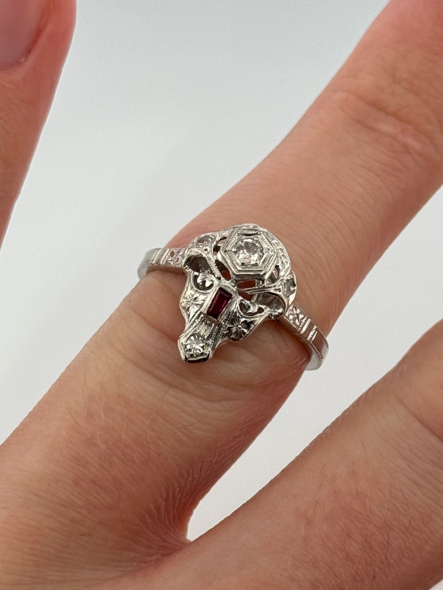 Antique Art Deco Skull Diamond Platinum/ 14kt topped Ring Synthetic Ruby