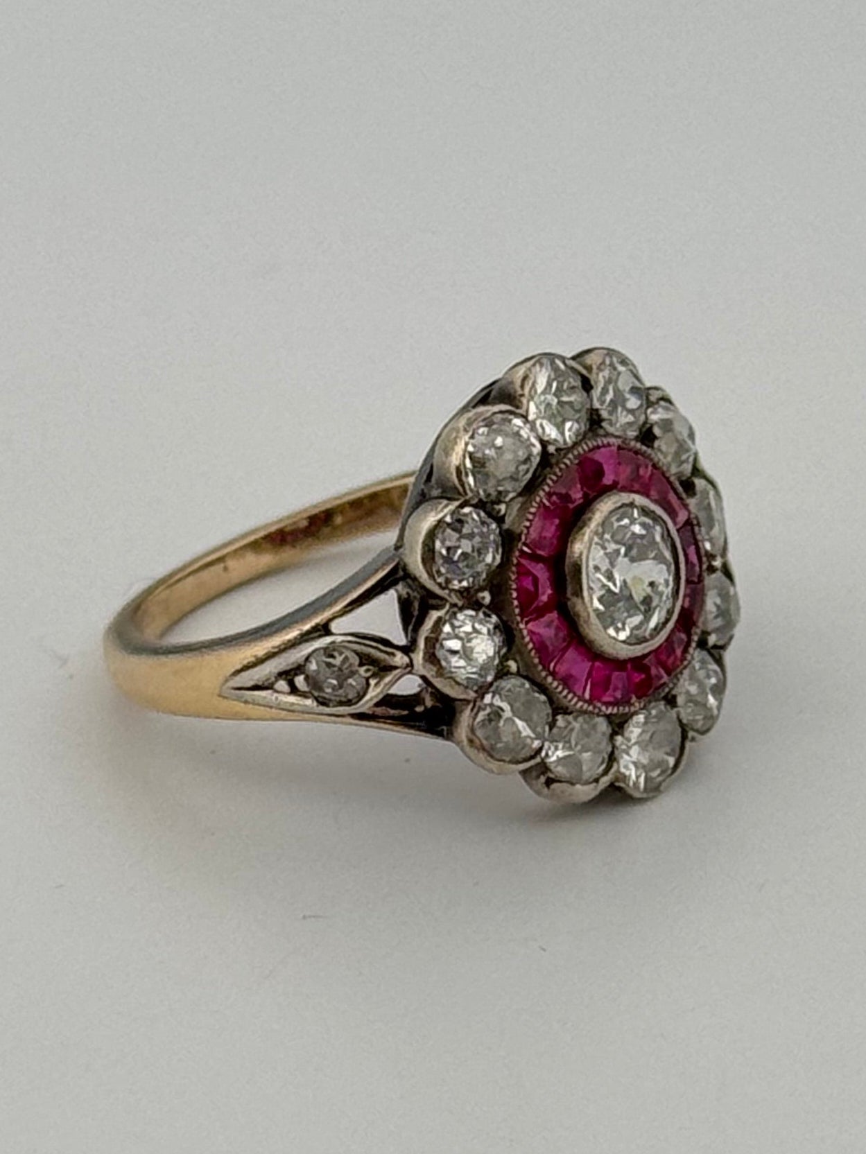 Antique Victorian 14k Silver Topped Halo Diamond and Ruby Ring Cluster