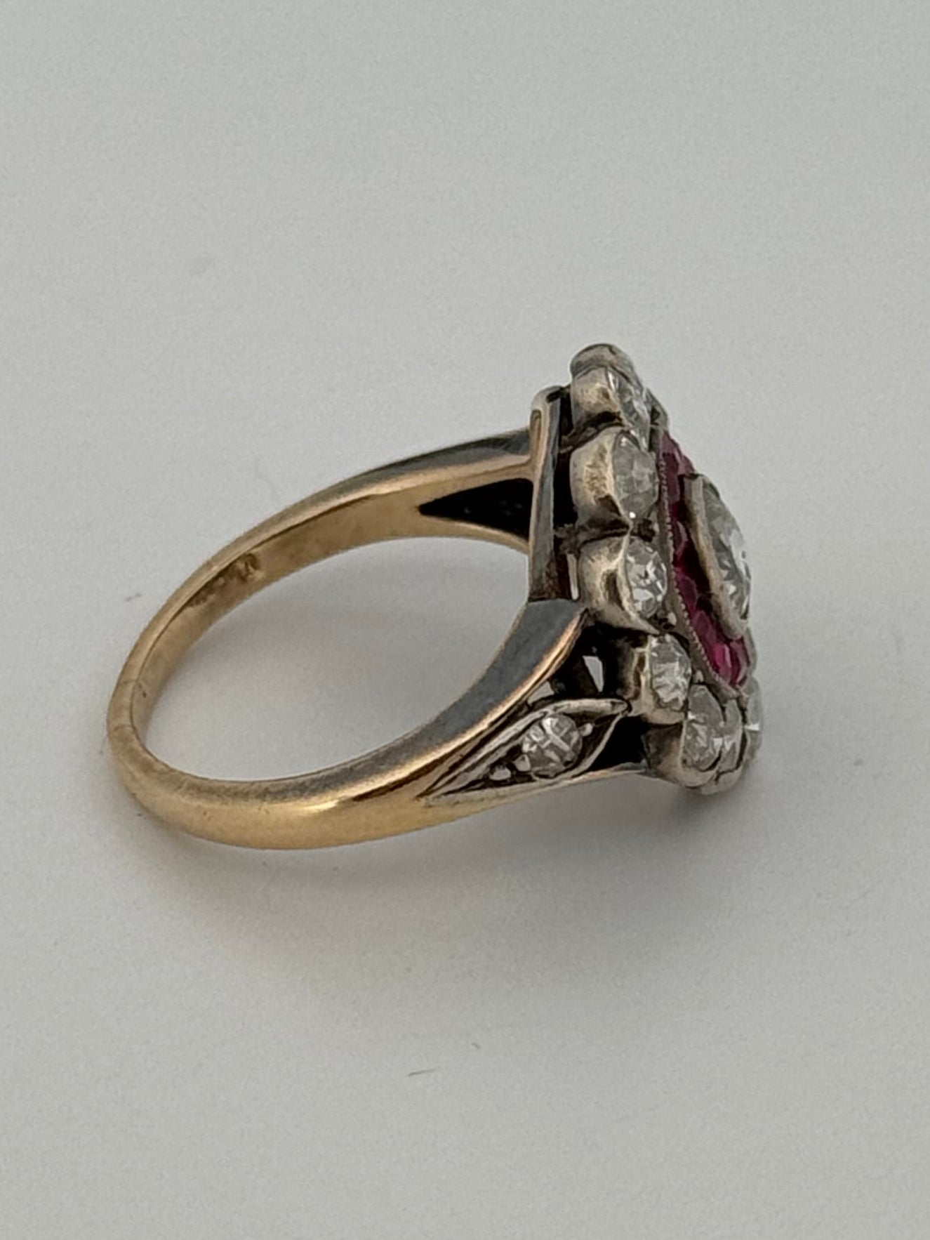 Antique Victorian 14k Silver Topped Halo Diamond and Ruby Ring Cluster
