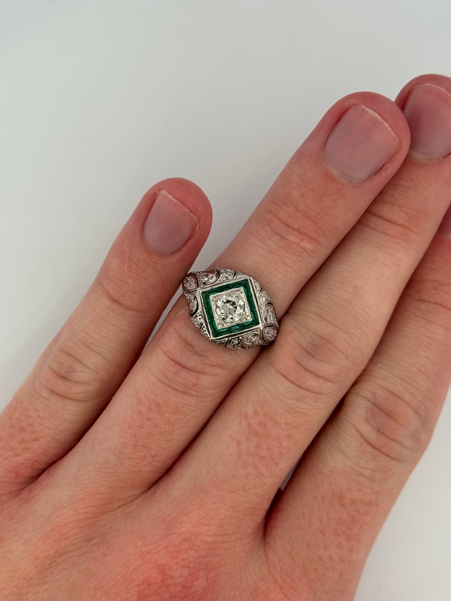 Art Deco Platinum Diamond and Synthetic Emerald Filigree Ring
