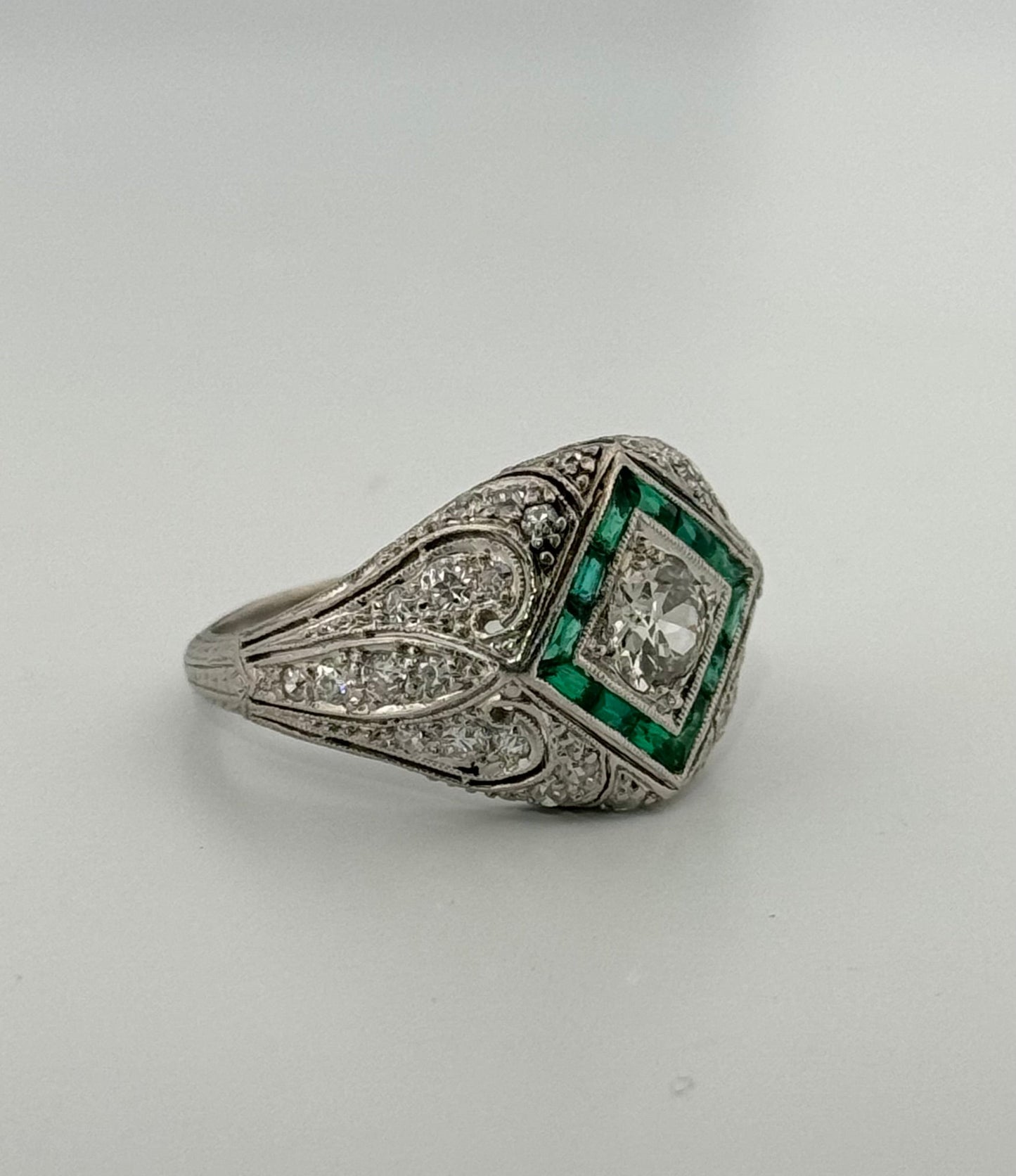 Art Deco Platinum Diamond and Synthetic Emerald Filigree Ring