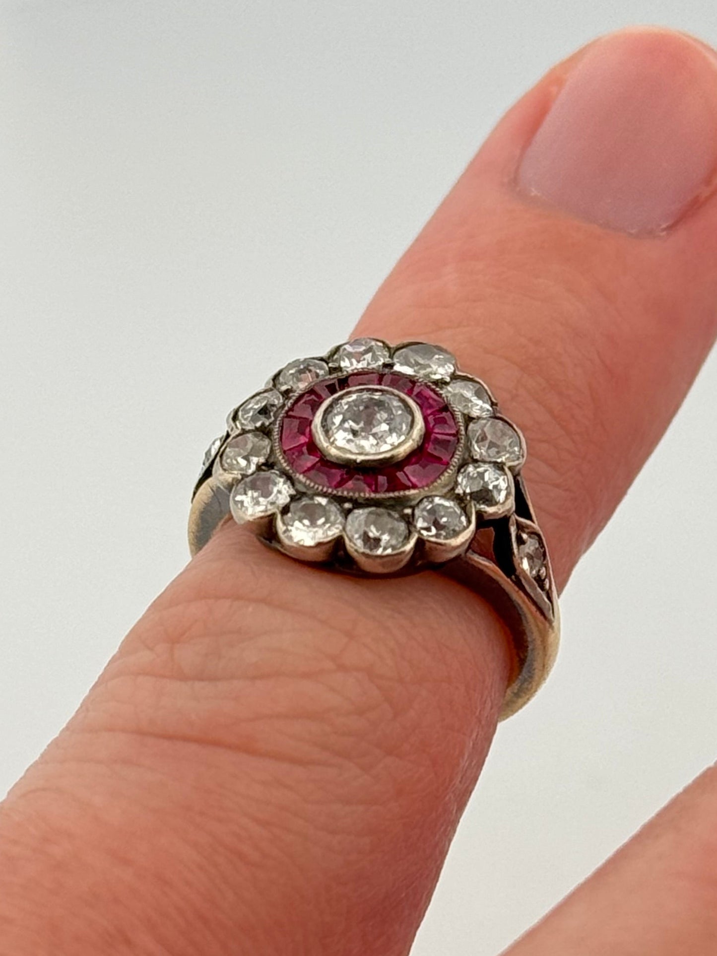 Antique Victorian 14k Silver Topped Halo Diamond and Ruby Ring Cluster