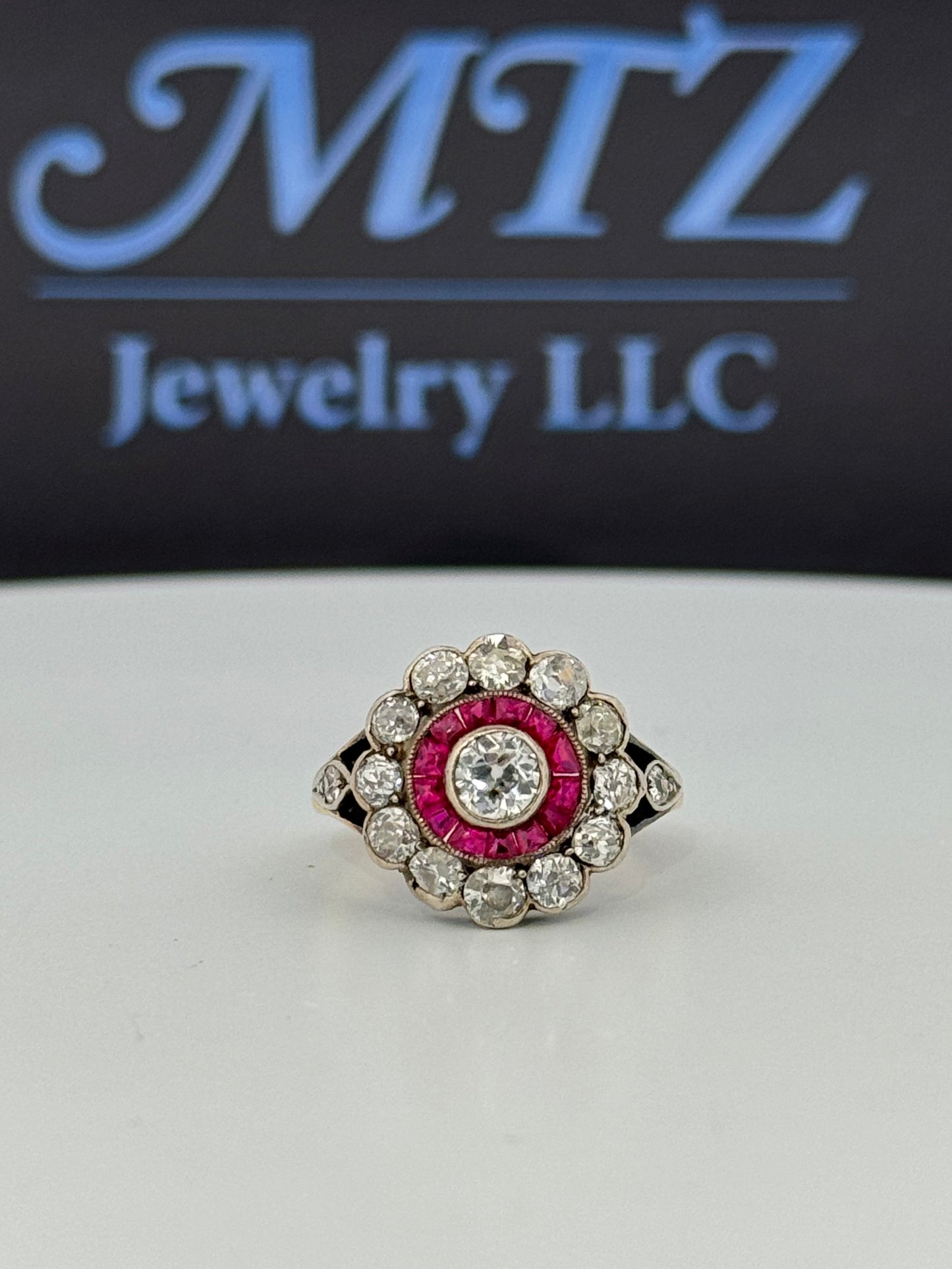 Antique Victorian 14k Silver Topped Halo Diamond and Ruby Ring Cluster