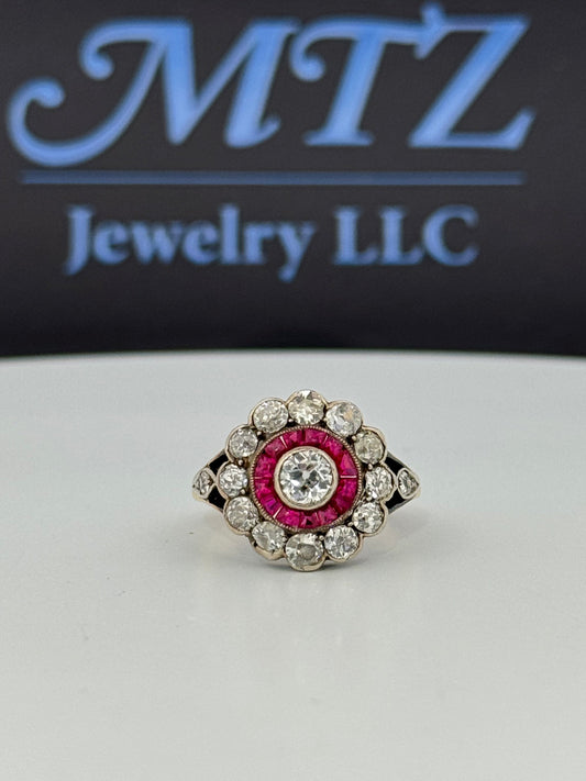 Antique Victorian 14k Silver Topped Halo Diamond and Ruby Ring Cluster