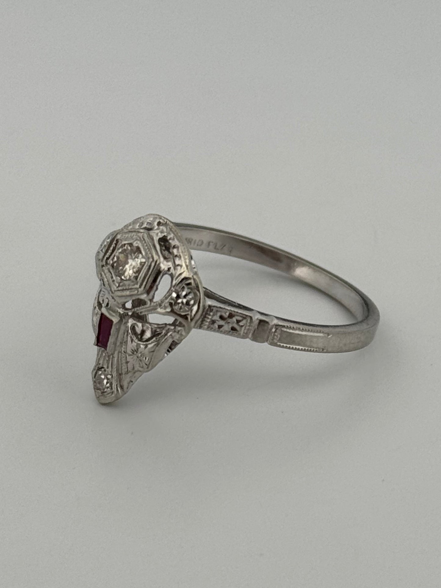 Antique Art Deco Skull Diamond Platinum/ 14kt topped Ring Synthetic Ruby
