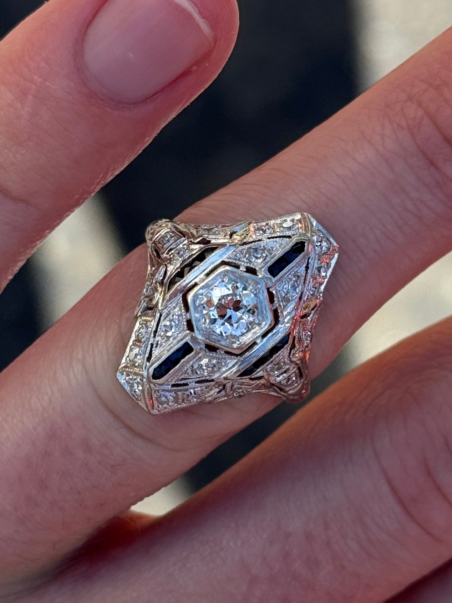 Antique Art Deco Platinum Wendell & Co. Filigree Diamond Synthetic Sapphire Ring