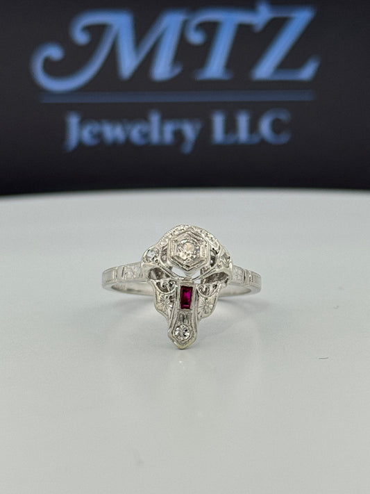 Antique Art Deco Skull Diamond Platinum/ 14kt topped Ring Synthetic Ruby