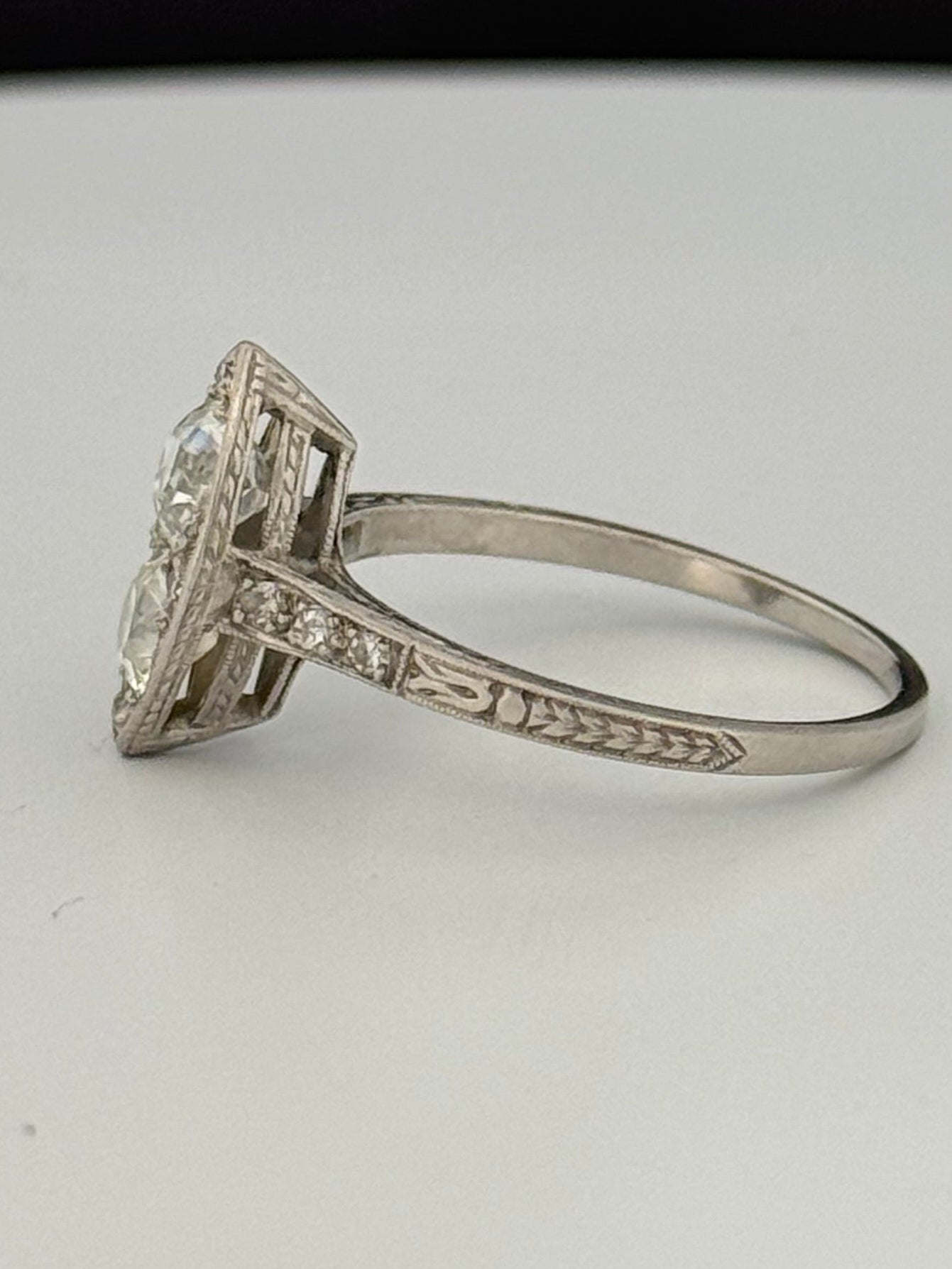 Antique Art Deco Navette Platinum Diamond Filigree Hand Engraved Ring
