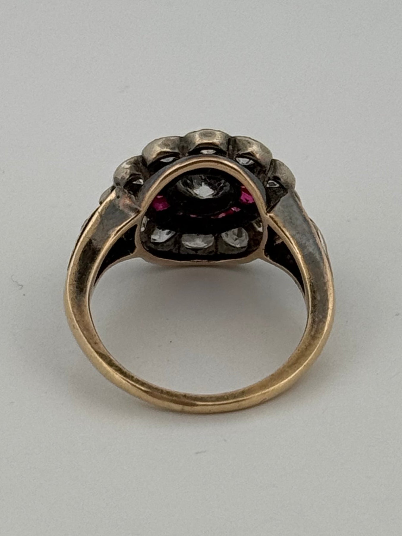 Antique Victorian 14k Silver Topped Halo Diamond and Ruby Ring Cluster