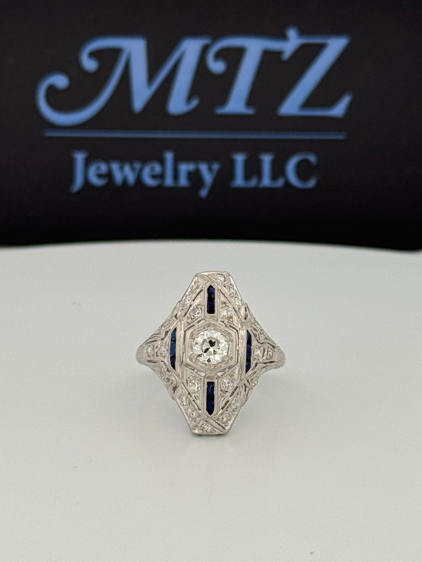 Antique Art Deco Platinum Wendell & Co. Filigree Diamond Synthetic Sapphire Ring