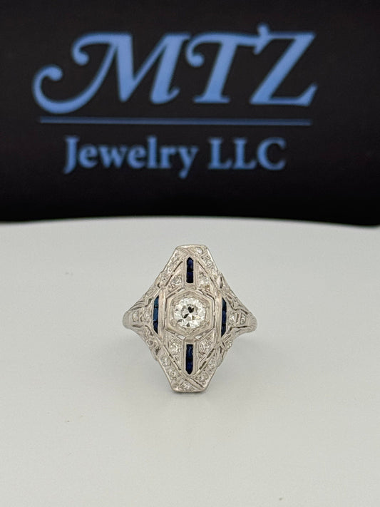 Antique Art Deco Platinum Wendell & Co. Filigree Diamond Synthetic Sapphire Ring
