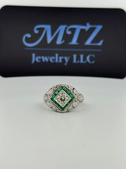 Art Deco Platinum Diamond and Synthetic Emerald Filigree Ring