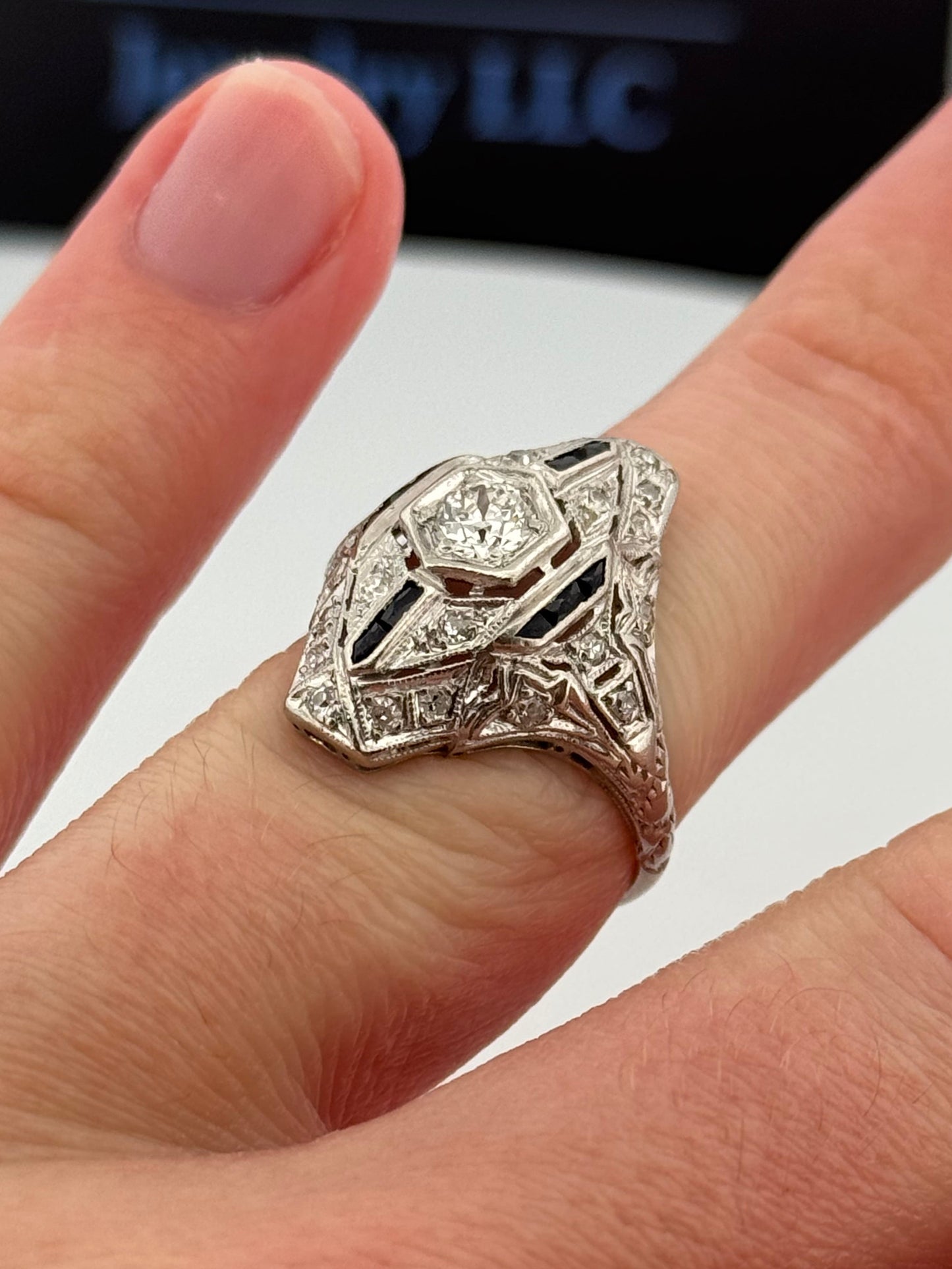 Antique Art Deco Platinum Wendell & Co. Filigree Diamond Synthetic Sapphire Ring