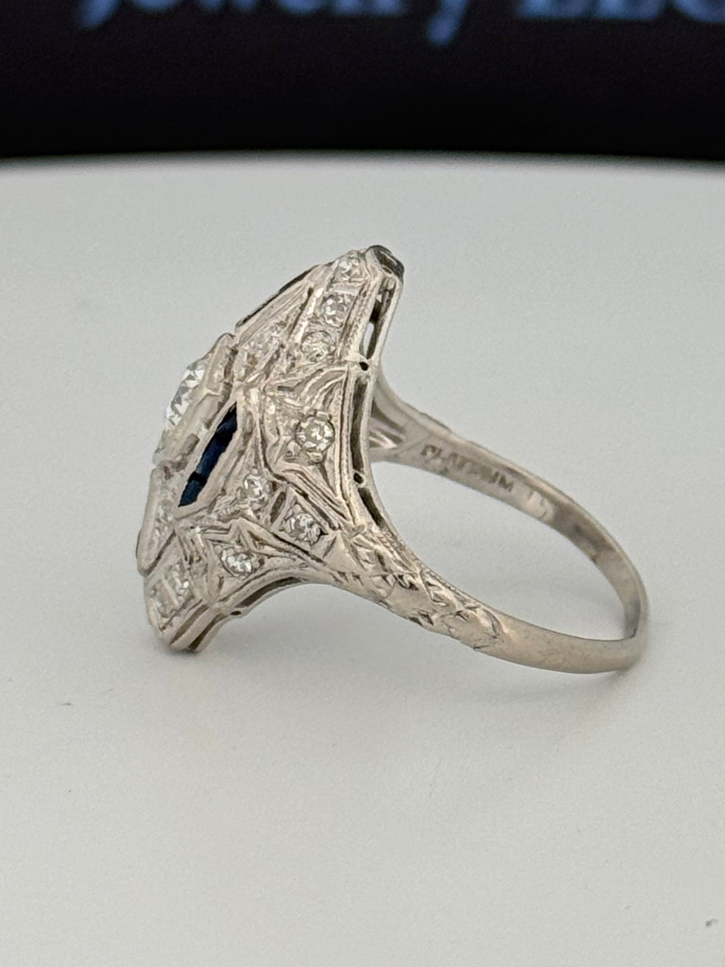 Antique Art Deco Platinum Wendell & Co. Filigree Diamond Synthetic Sapphire Ring