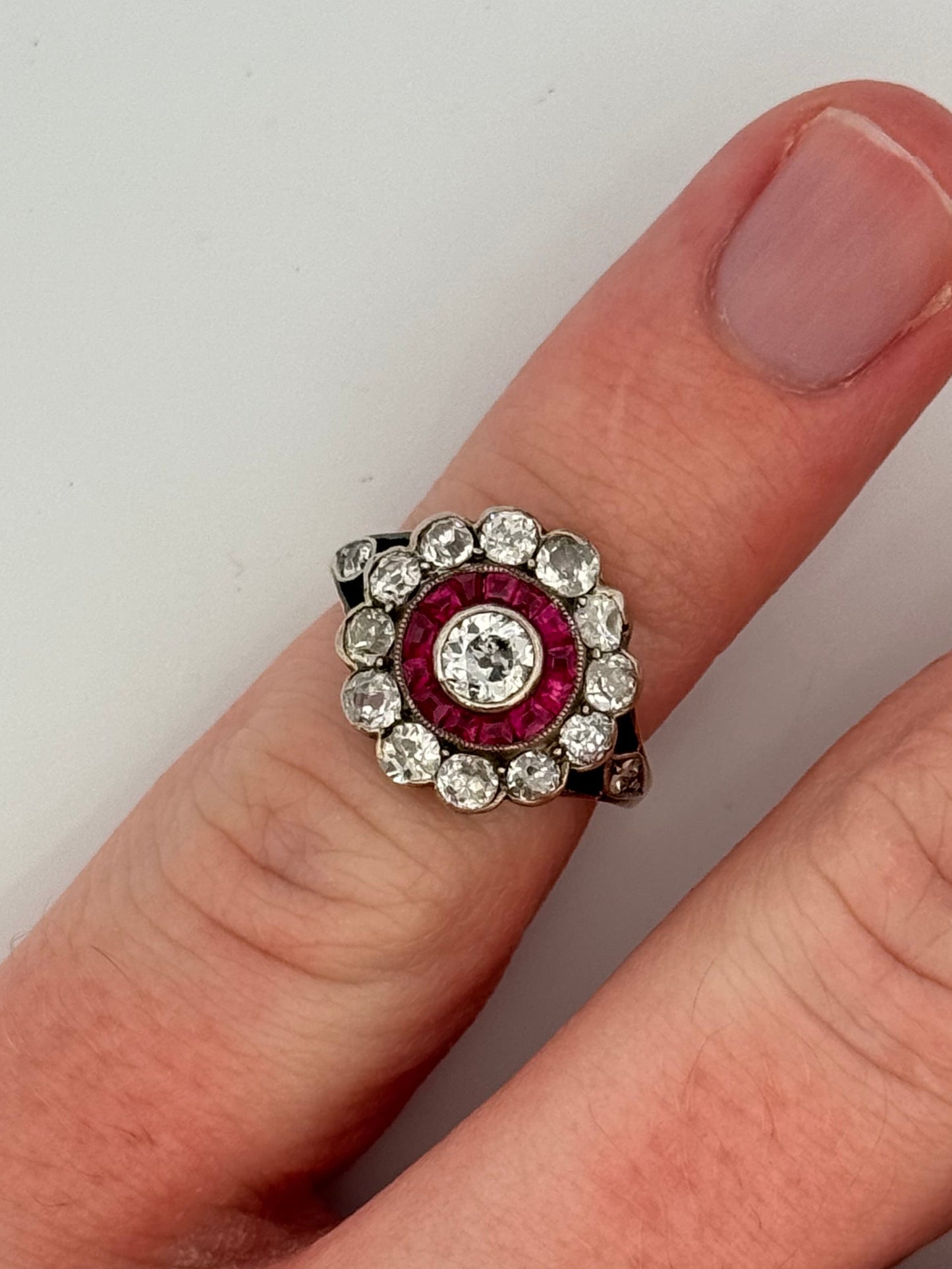 Antique Victorian 14k Silver Topped Halo Diamond and Ruby Ring Cluster