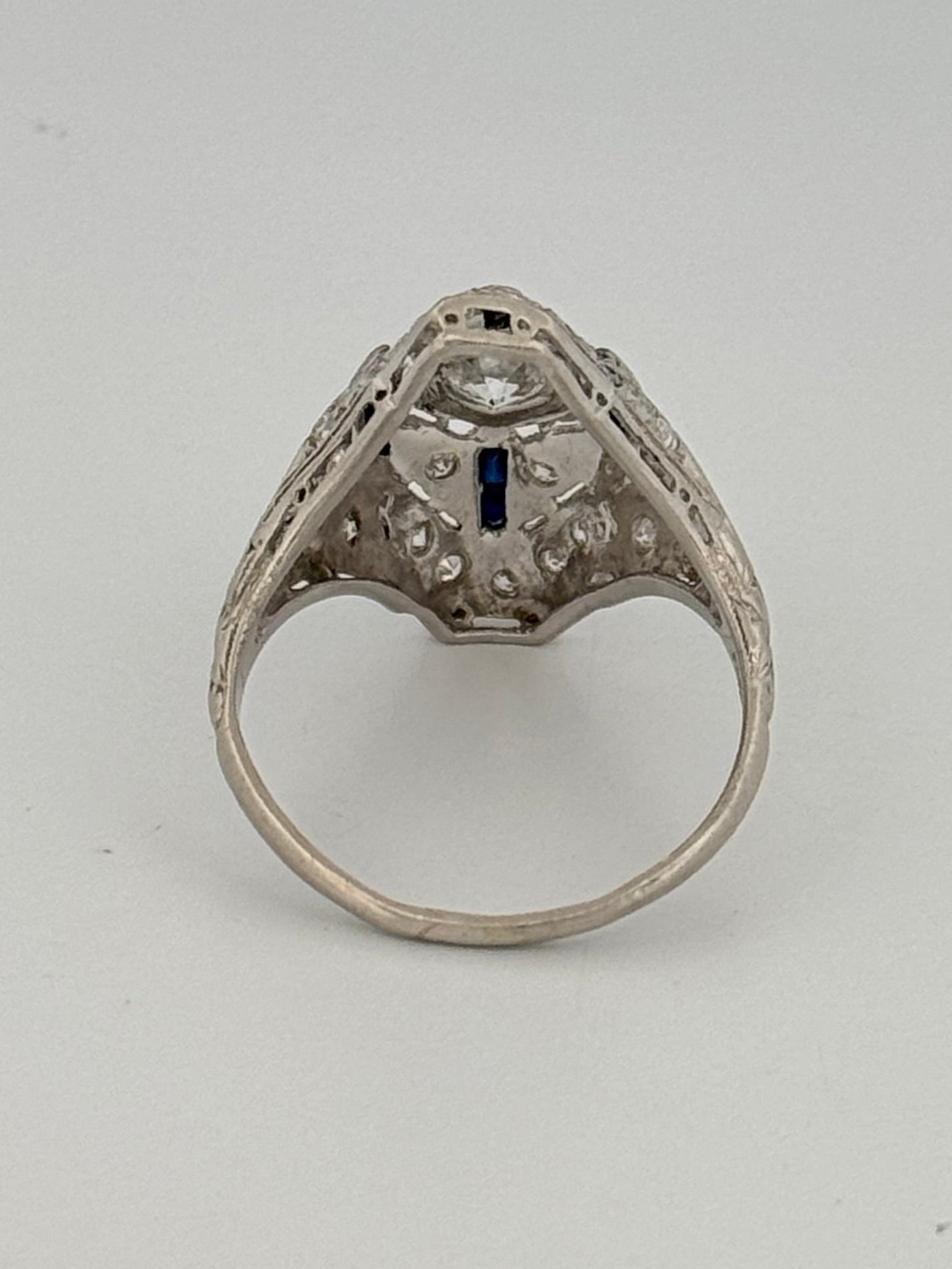 Antique Art Deco Platinum Wendell & Co. Filigree Diamond Synthetic Sapphire Ring