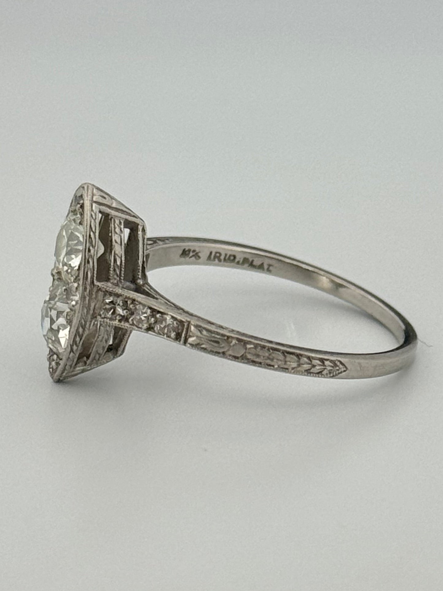 Antique Art Deco Navette Platinum Diamond Filigree Hand Engraved Ring