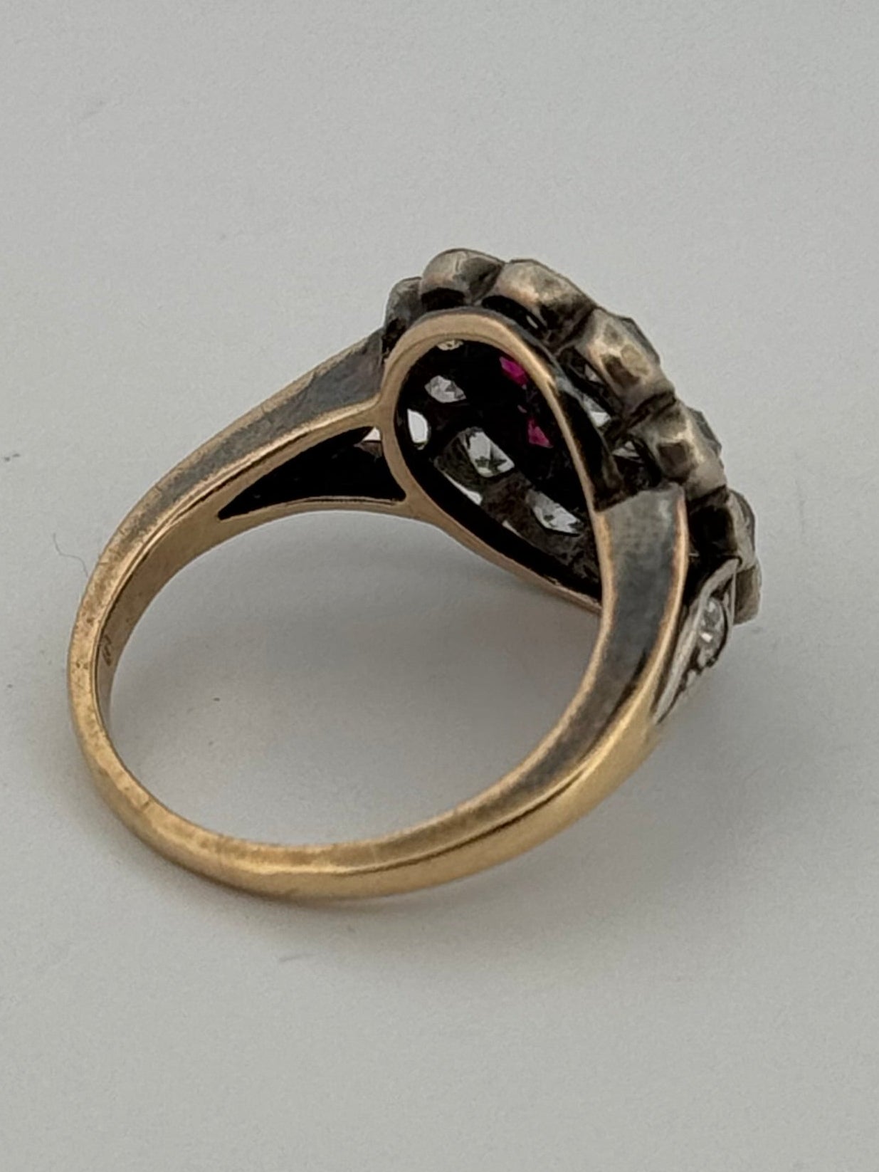 Antique Victorian 14k Silver Topped Halo Diamond and Ruby Ring Cluster