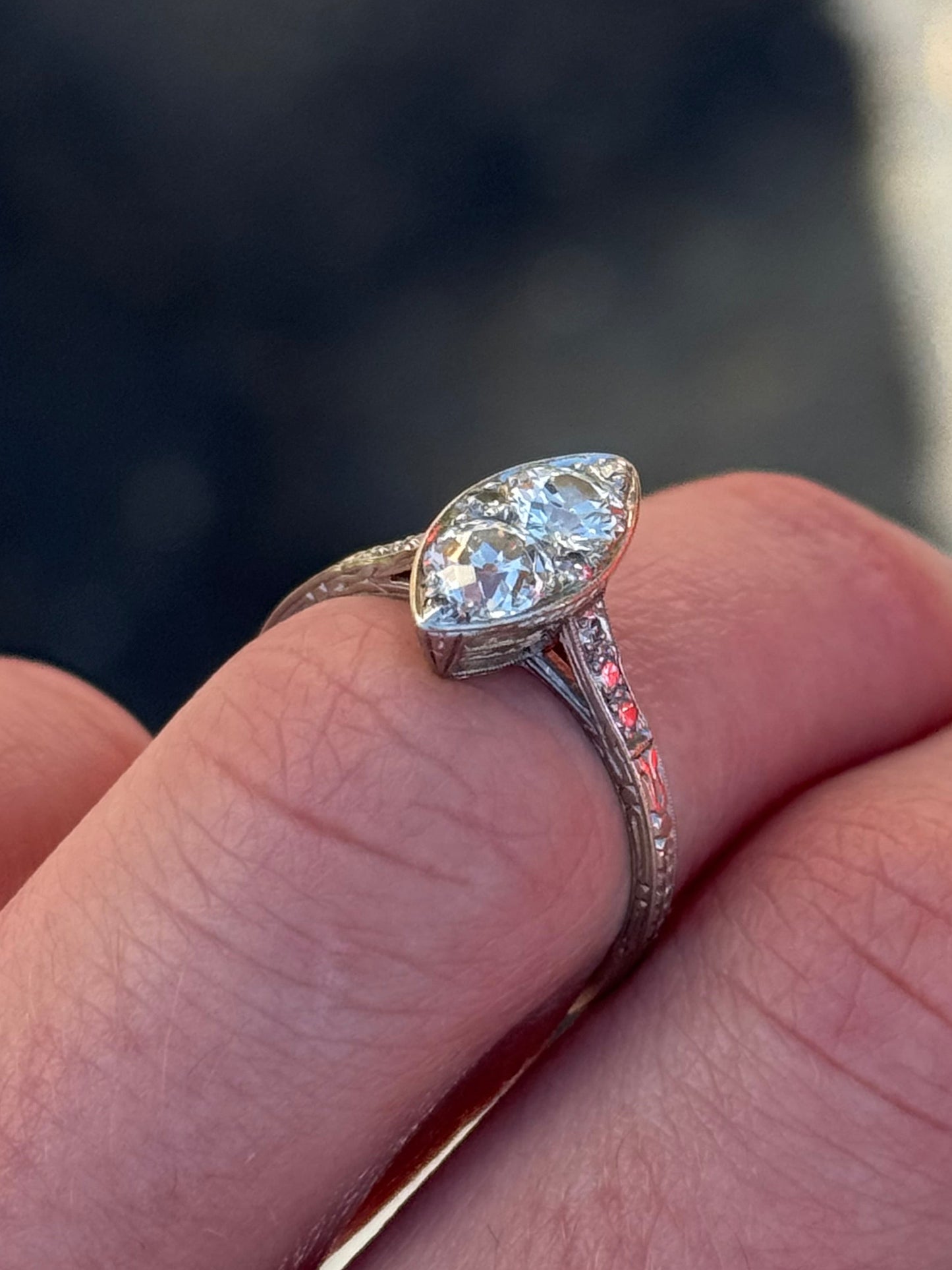 Antique Art Deco Navette Platinum Diamond Filigree Hand Engraved Ring