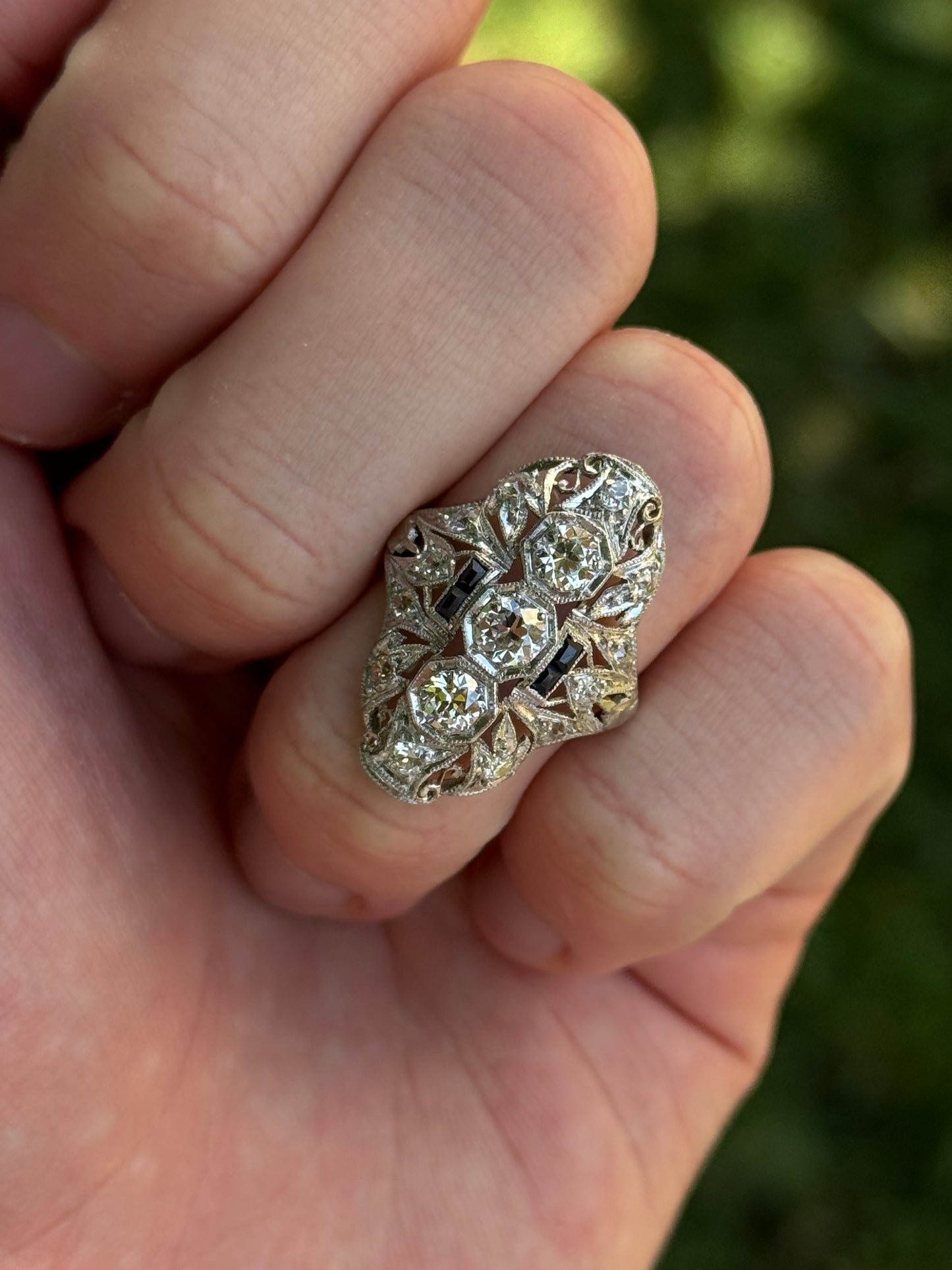 Art Deco Platinum Diamond Shield Ring