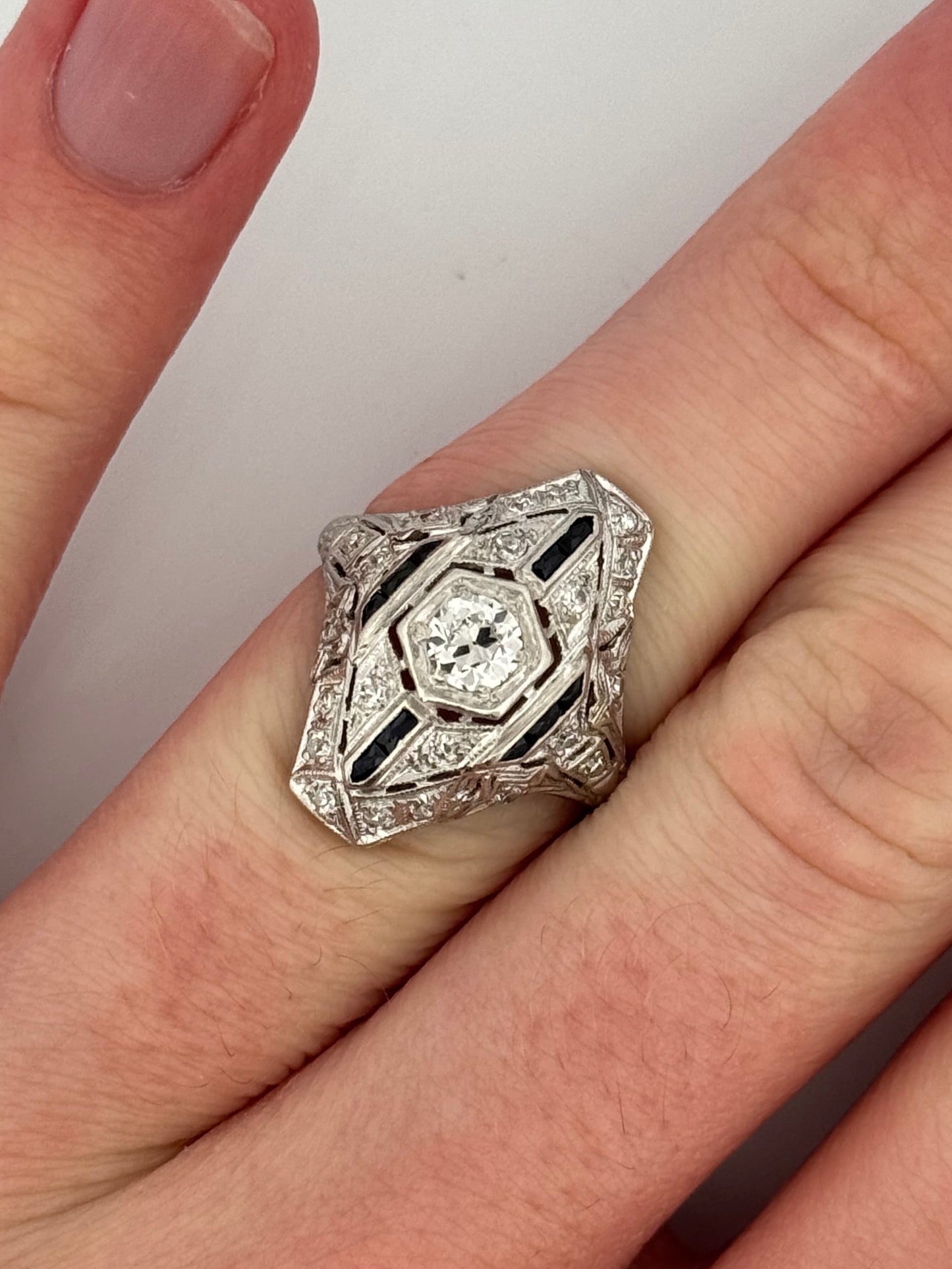 Antique Art Deco Platinum Wendell & Co. Filigree Diamond Synthetic Sapphire Ring