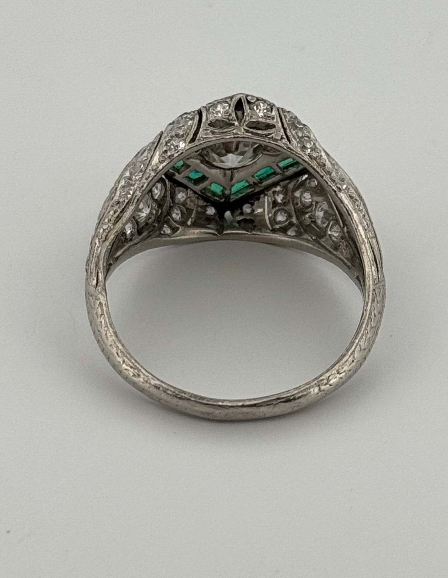 Art Deco Platinum Diamond and Synthetic Emerald Filigree Ring
