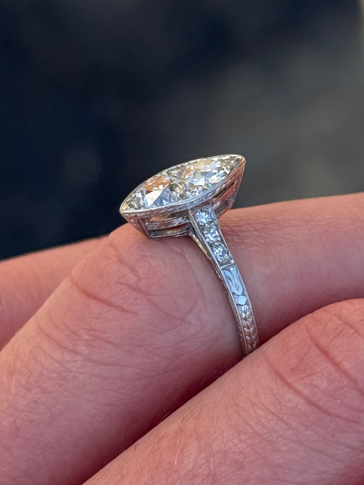 Antique Art Deco Navette Platinum Diamond Filigree Hand Engraved Ring