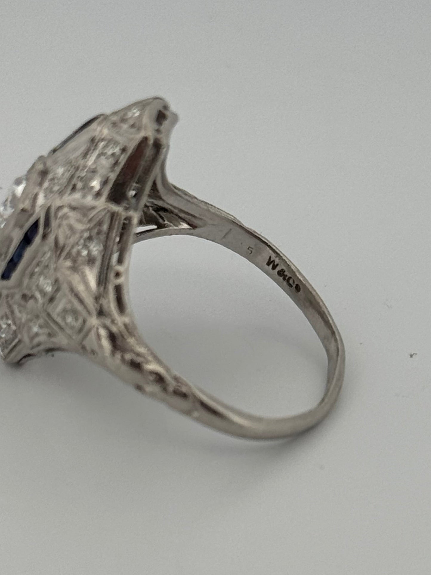 Antique Art Deco Platinum Wendell & Co. Filigree Diamond Synthetic Sapphire Ring