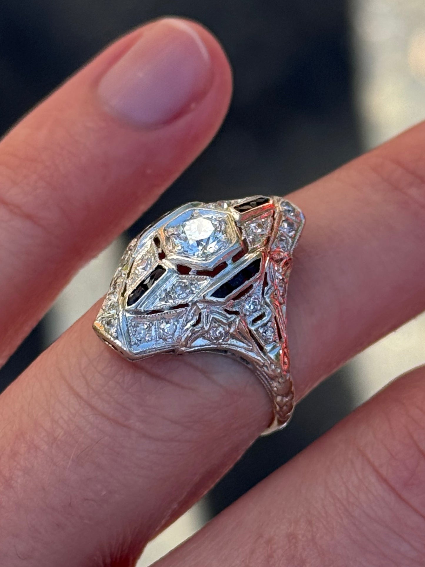 Antique Art Deco Platinum Wendell & Co. Filigree Diamond Synthetic Sapphire Ring