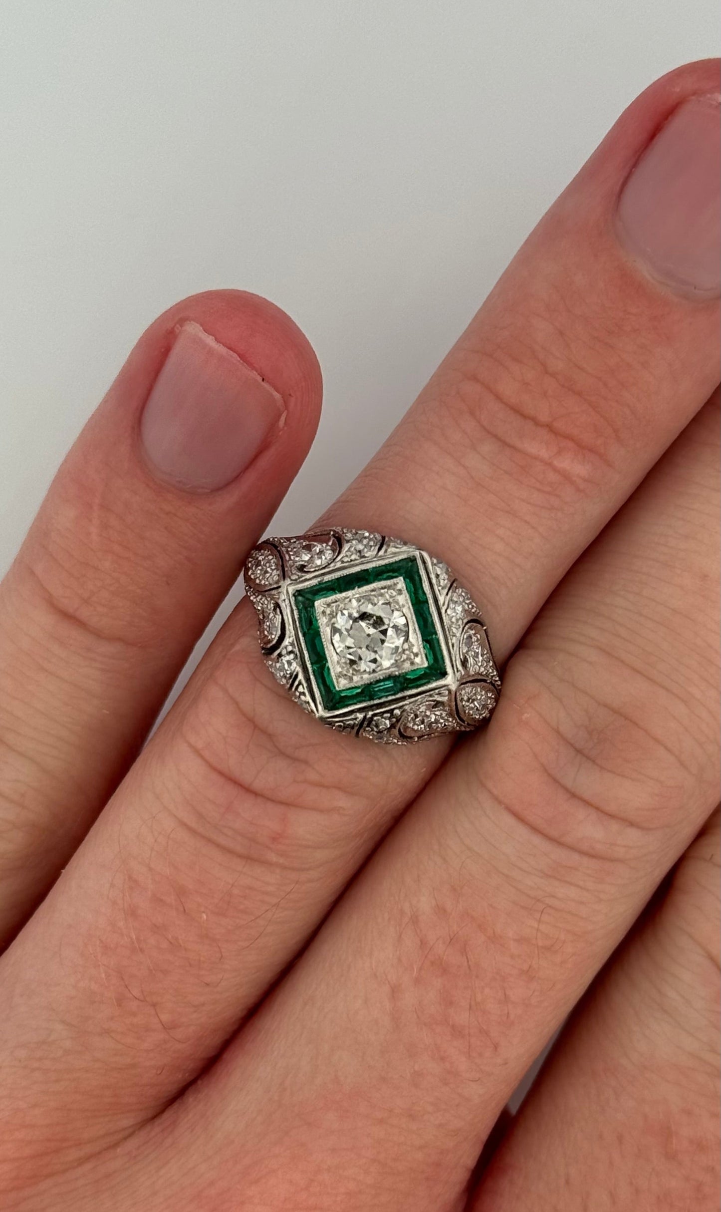 Art Deco Platinum Diamond and Synthetic Emerald Filigree Ring