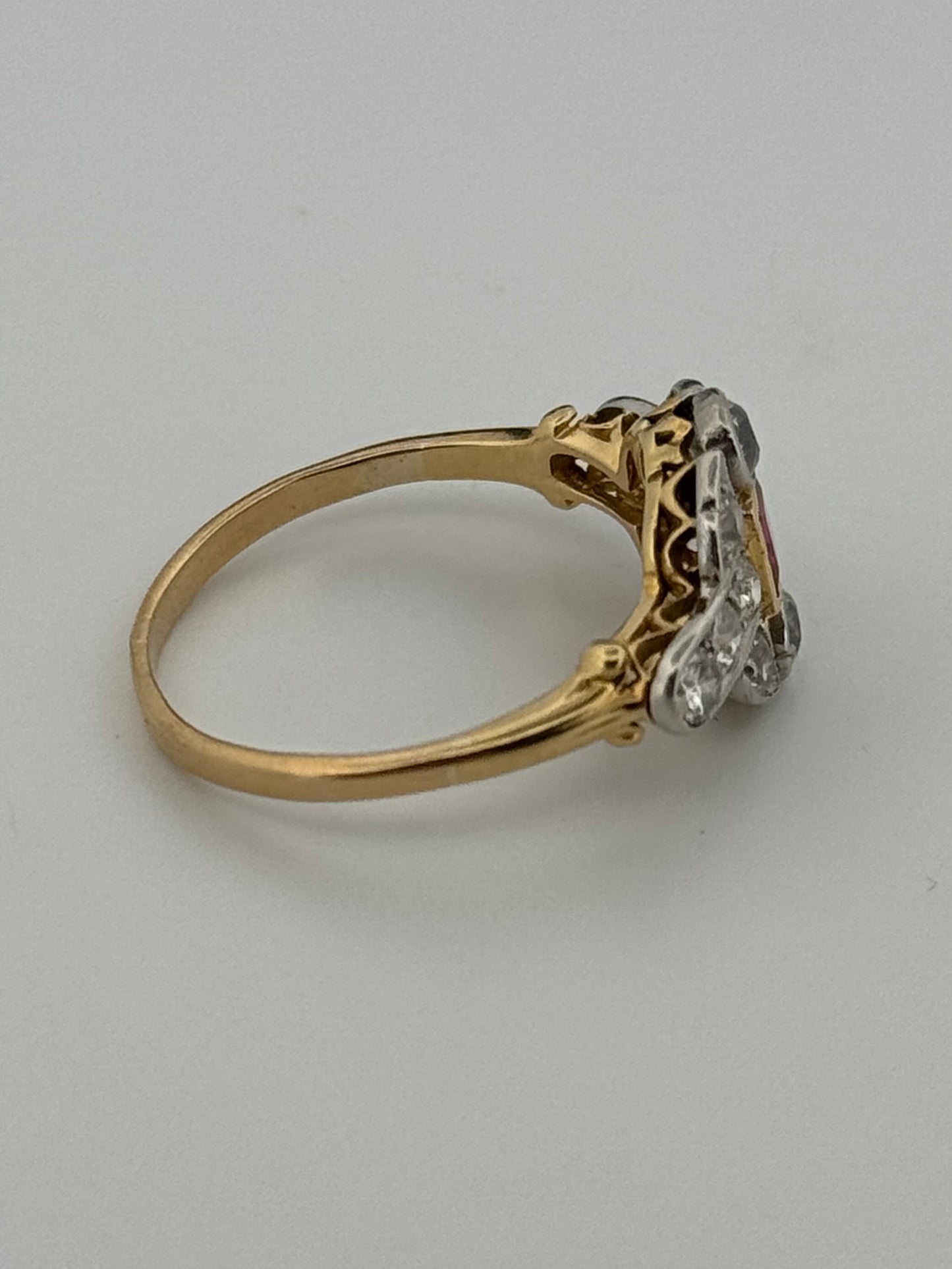 Edwardian 18kt Gold and Platnium Top Natural Diamond and Synthetic Ruby Ring