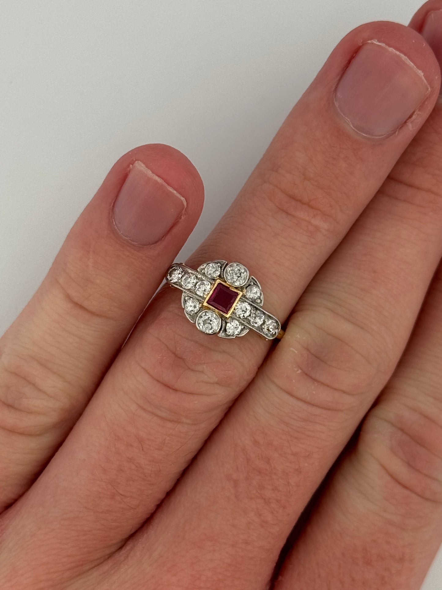 Edwardian 18kt Gold and Platnium Top Natural Diamond and Synthetic Ruby Ring