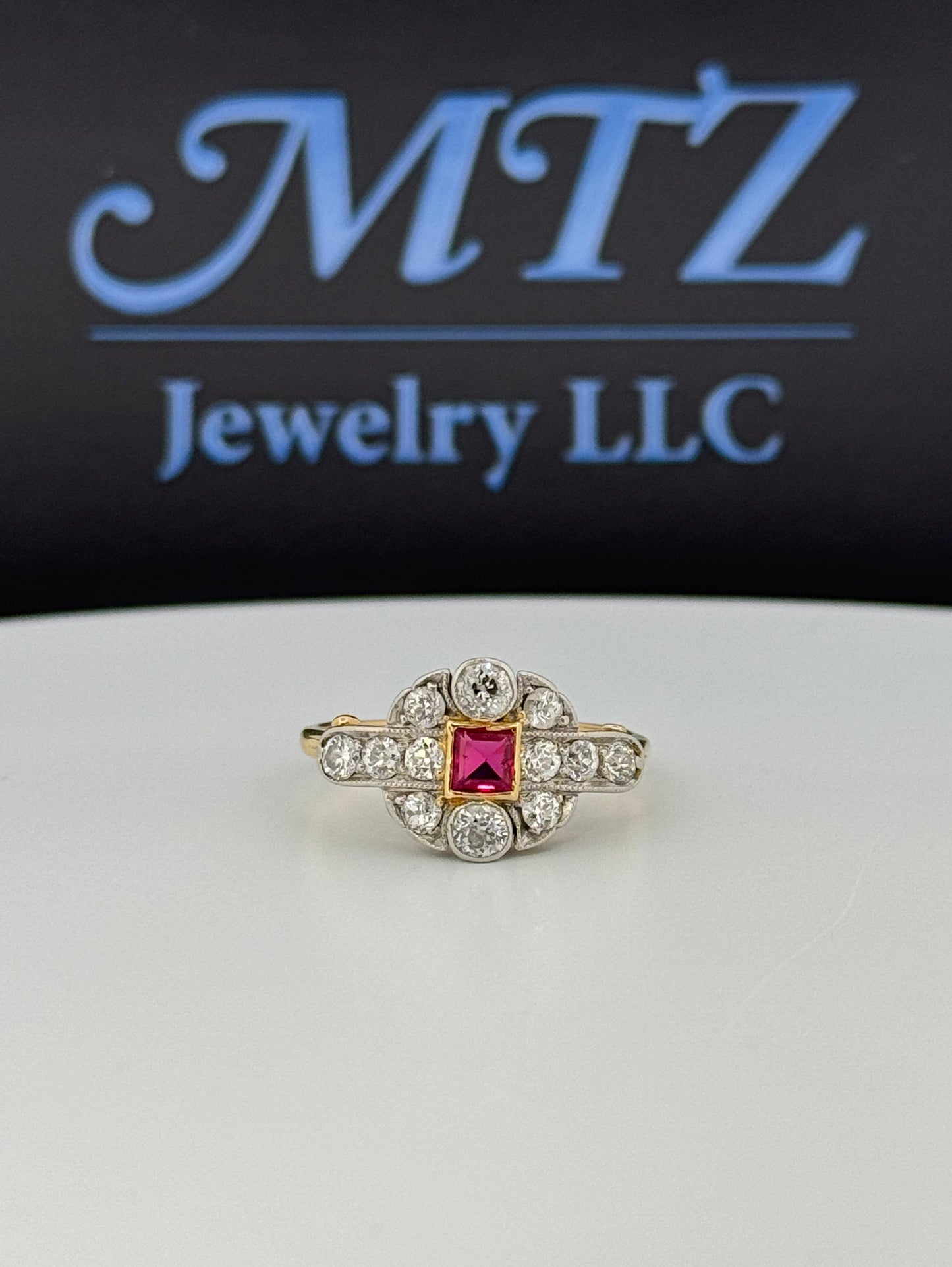 Edwardian 18kt Gold and Platnium Top Natural Diamond and Synthetic Ruby Ring