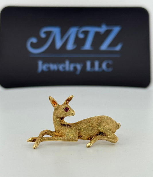 Vintage Cartier Animal Deer Brooch 14kt yellow gold Natural Ruby