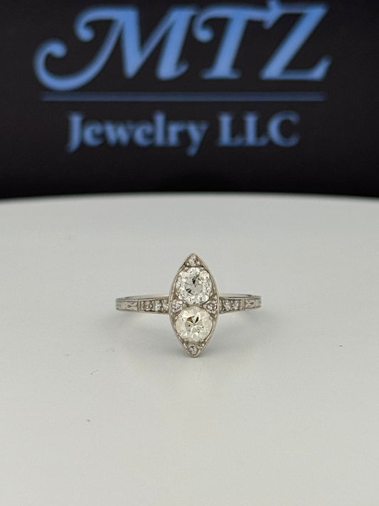 Antique Art Deco Navette Platinum Diamond Filigree Hand Engraved Ring