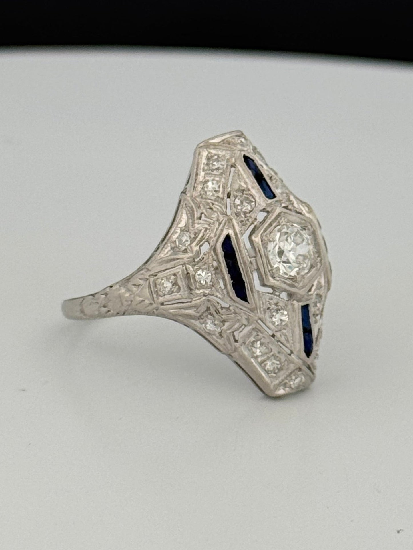 Antique Art Deco Platinum Wendell & Co. Filigree Diamond Synthetic Sapphire Ring